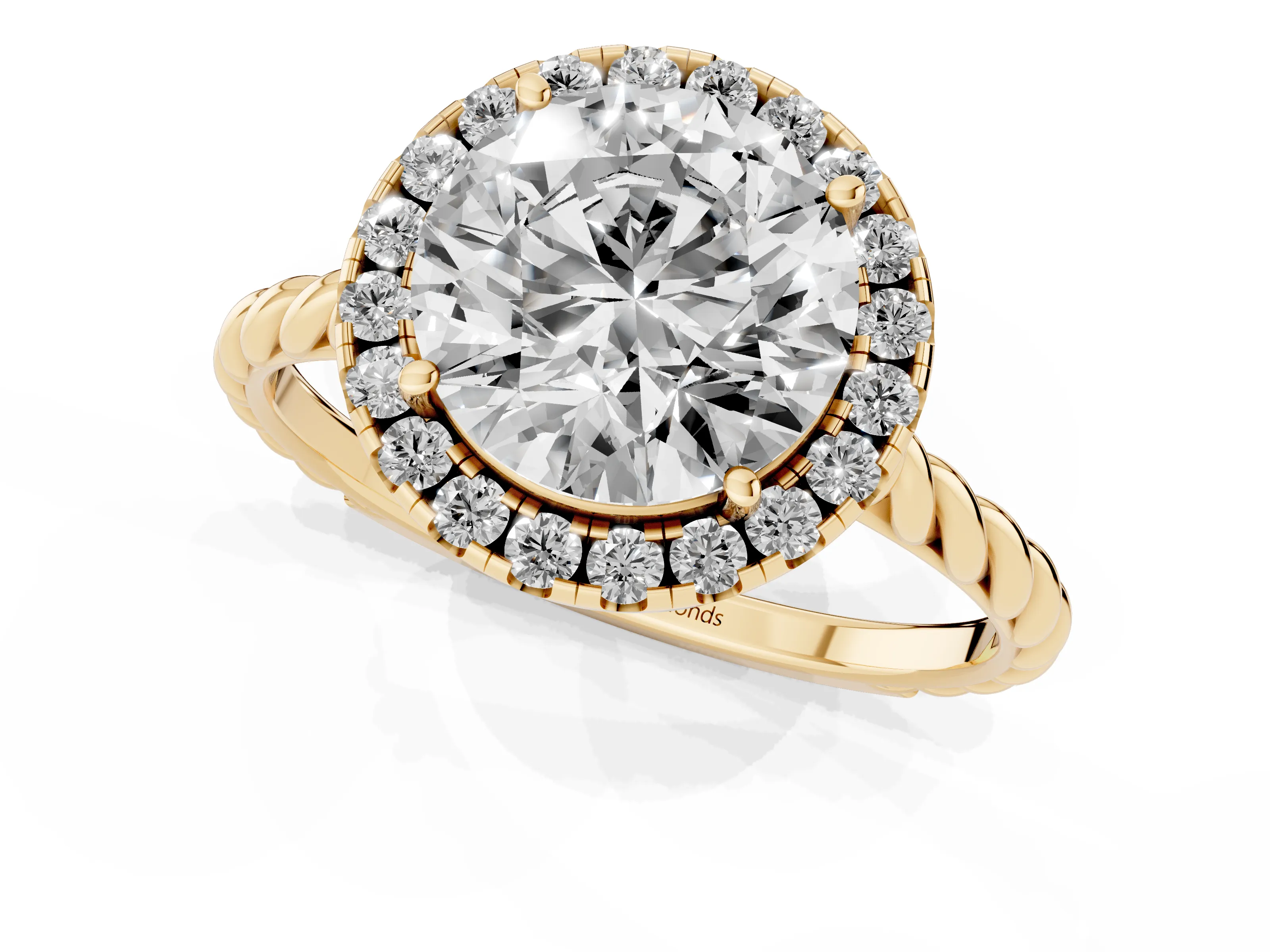 Round Cut Diamond Halo Ring Set in Yellow gold with Plain Twisted Band
