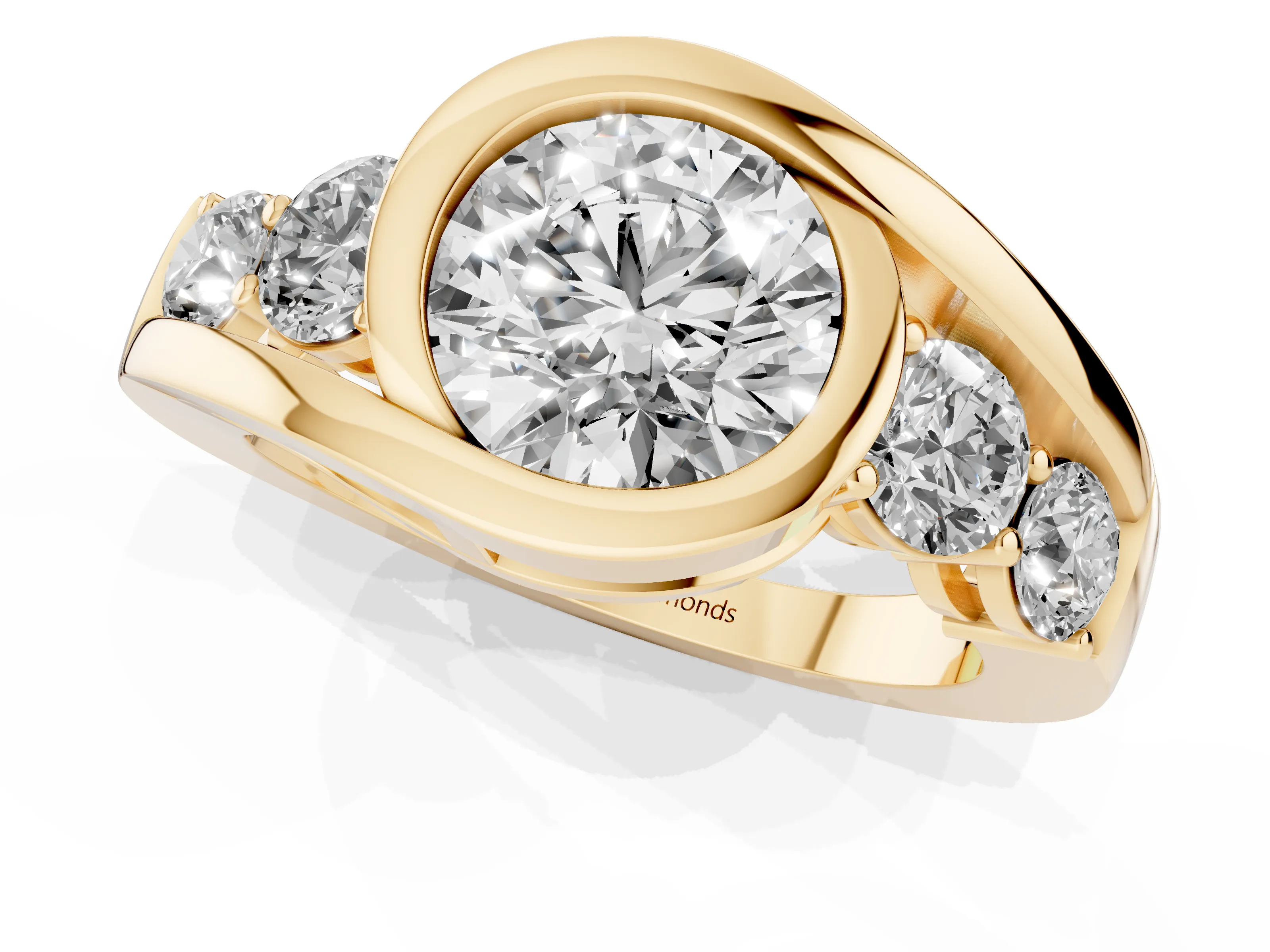 Round Cut Diamond Bezel Bypass Ring Set in Yellow gold with Round Accents