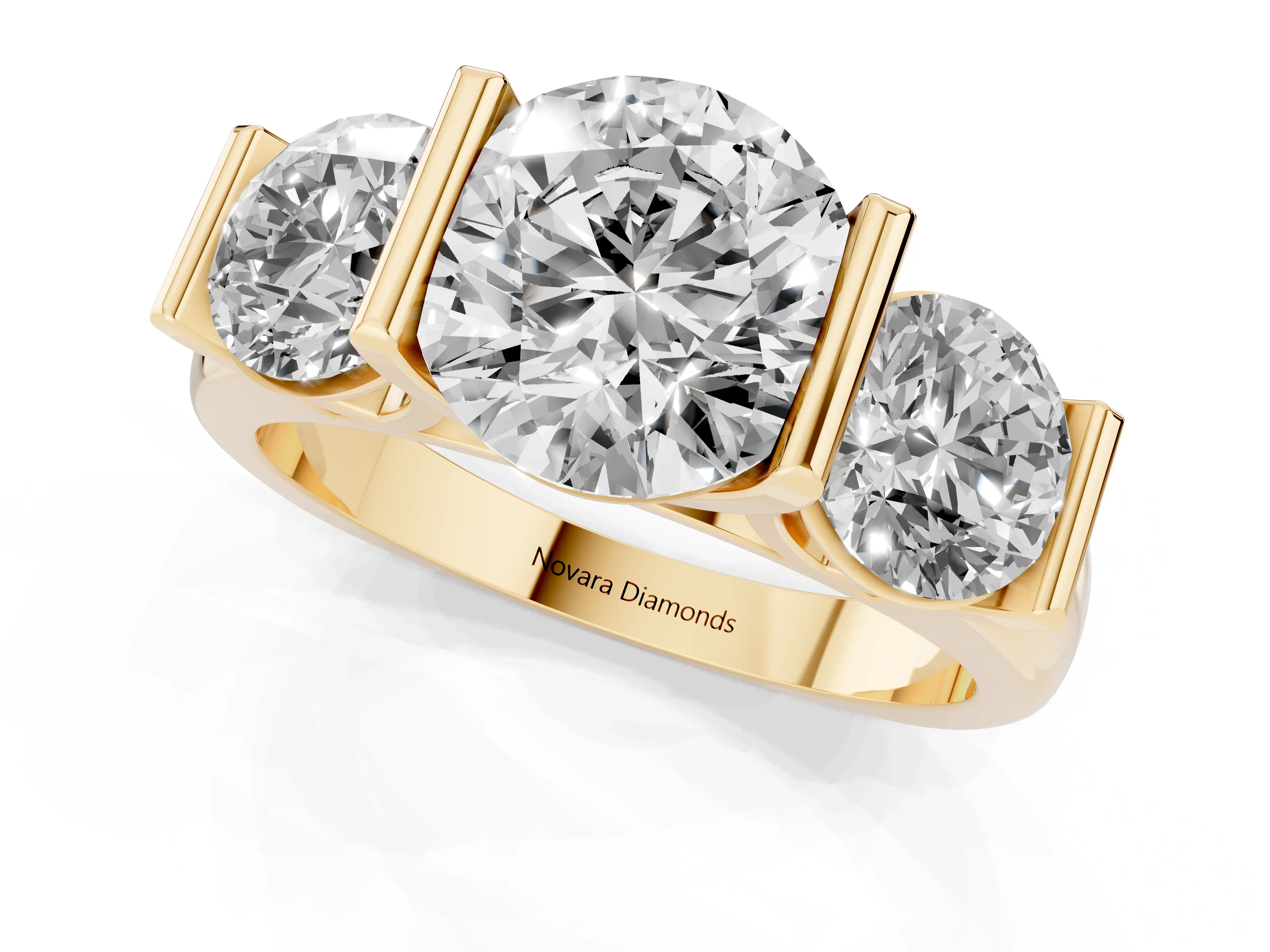Round Cut Diamond Three-Stone Channel Set Ring Set in Yellow gold