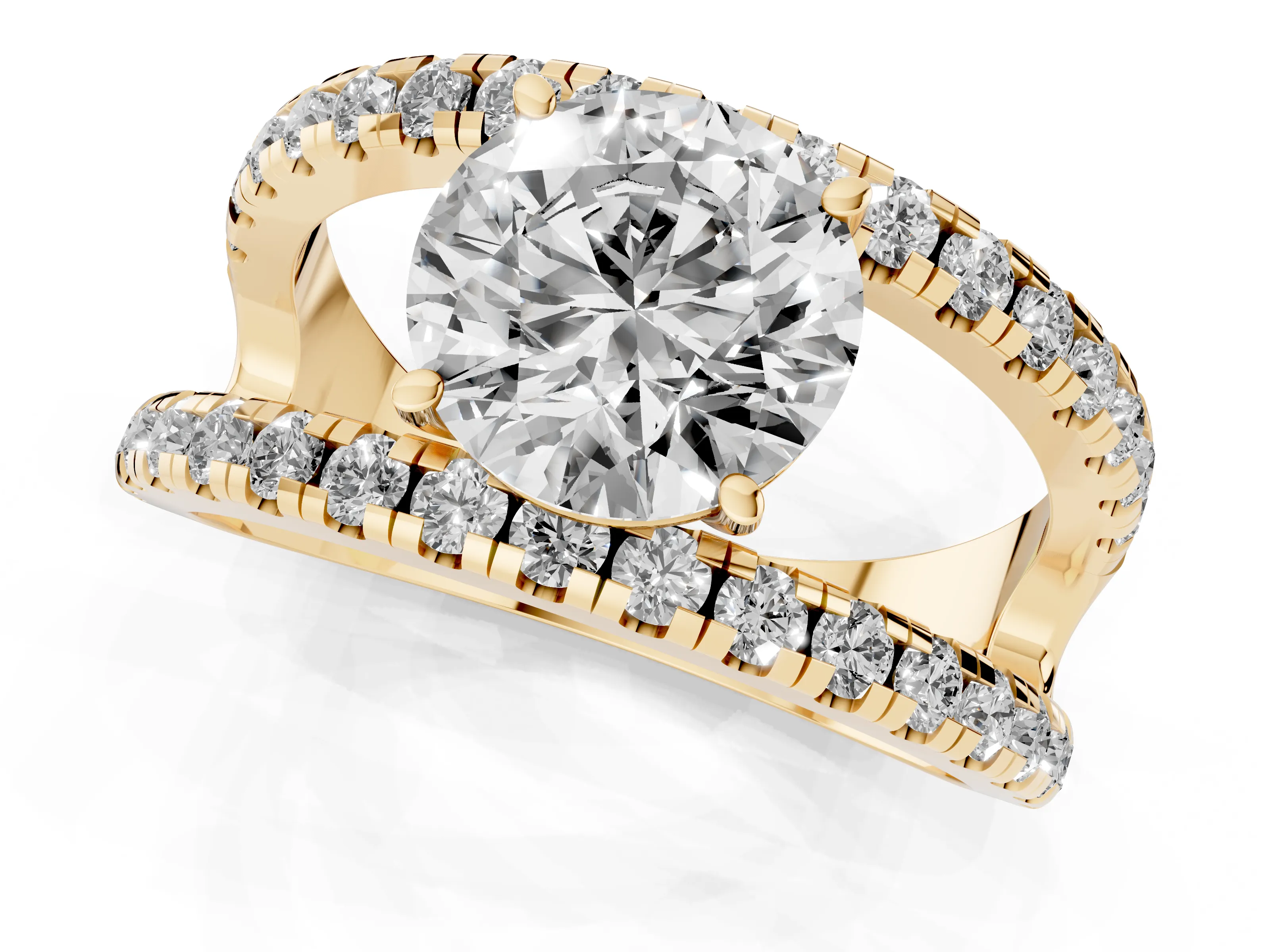Round Cut Diamond Split Shank Pavé Solitaire Ring Set in Yellow gold with Open Shank Design