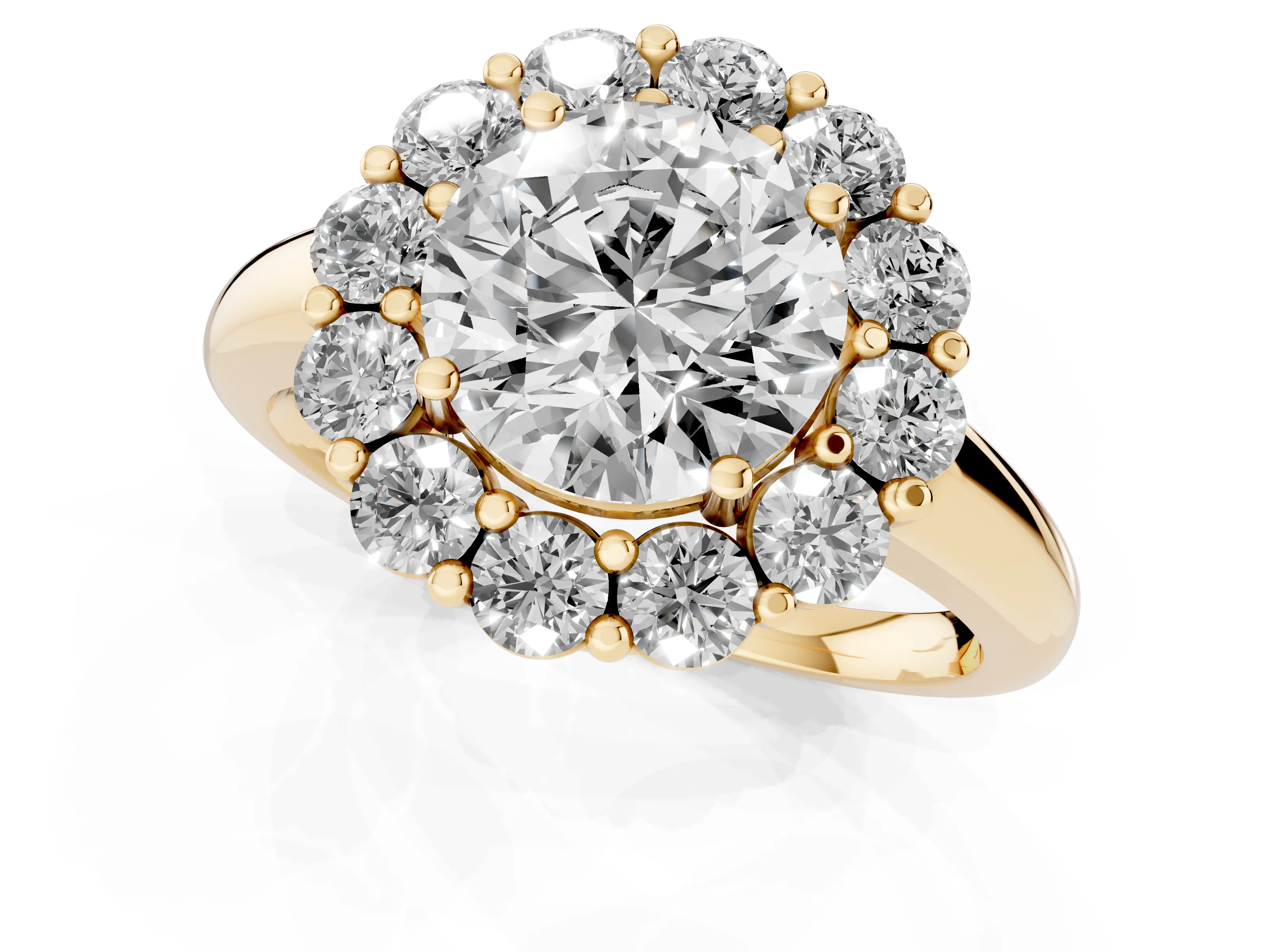 Round Cut Diamond Halo Cluster Engagement Ring Set in Yellow gold with Polished Band and Prong Setting