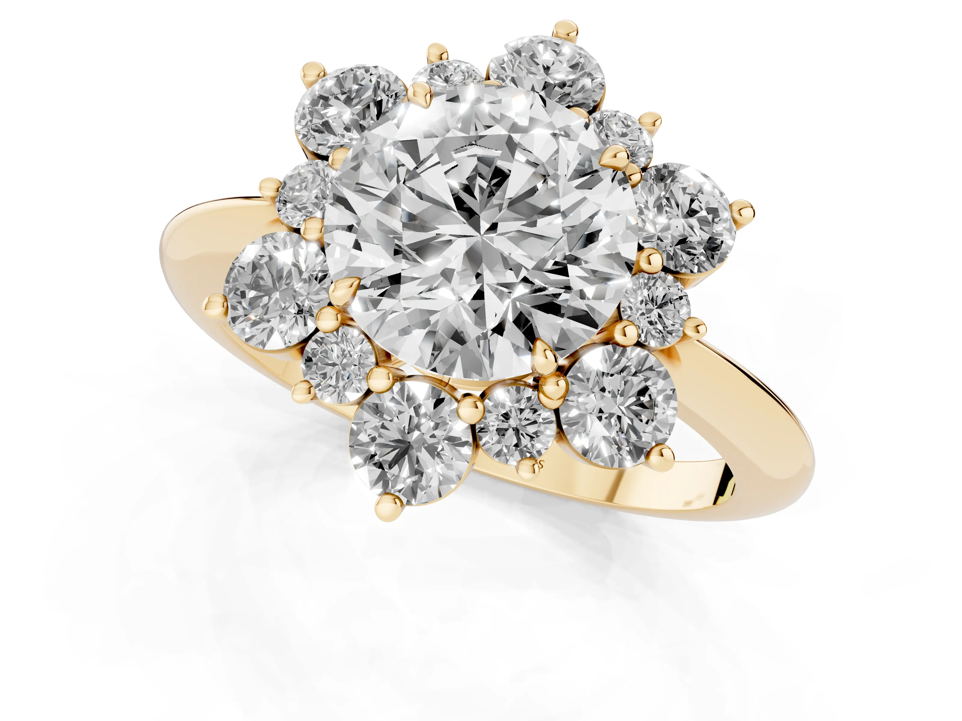 Round Cut Diamond Cluster Halo Ring Set in Yellow gold with Solitaire Band and Prong Setting