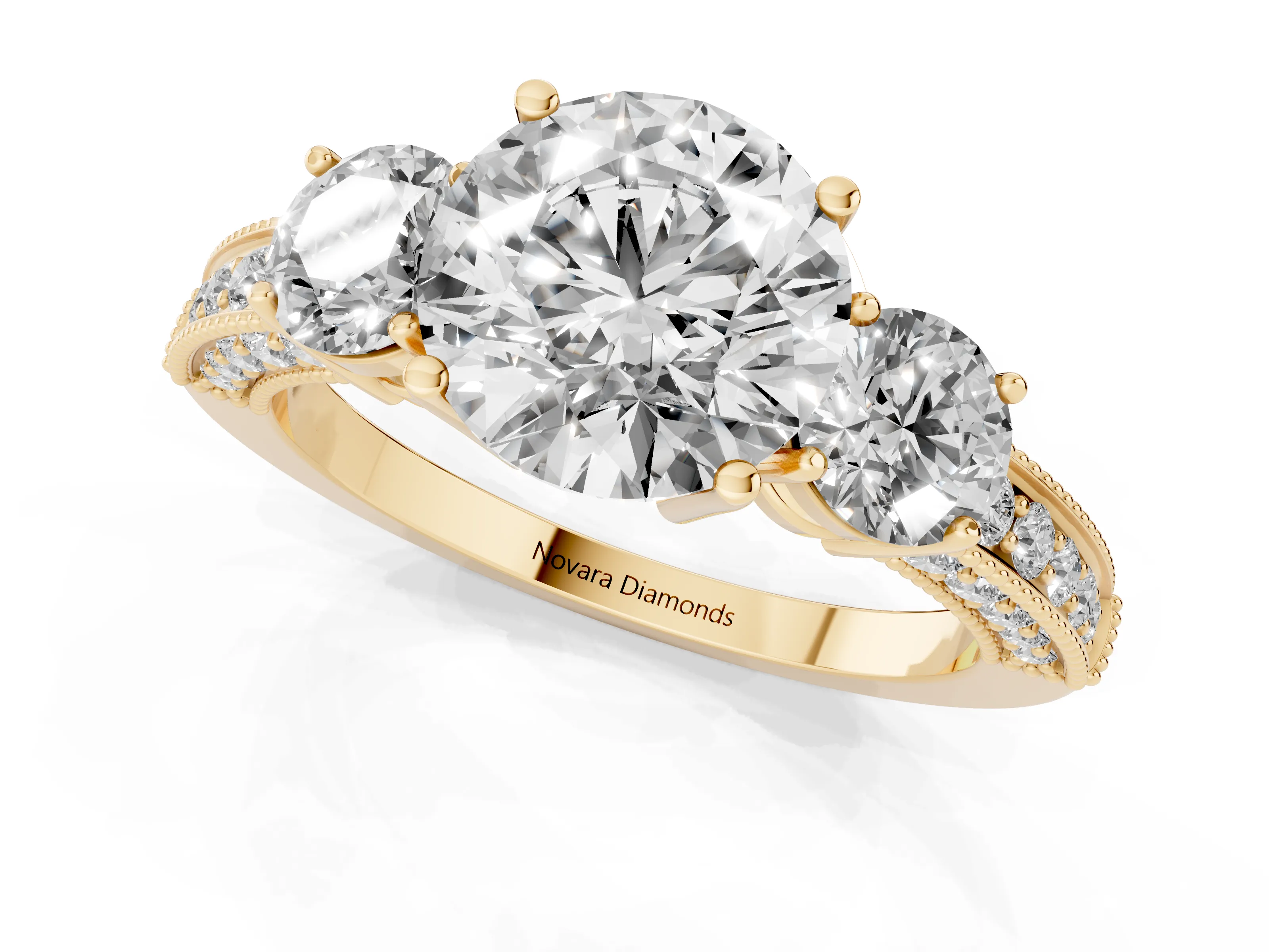 Round Cut Diamond Three-Stone Ring Set in Yellow gold with Round Side Stones and Pavé Band
