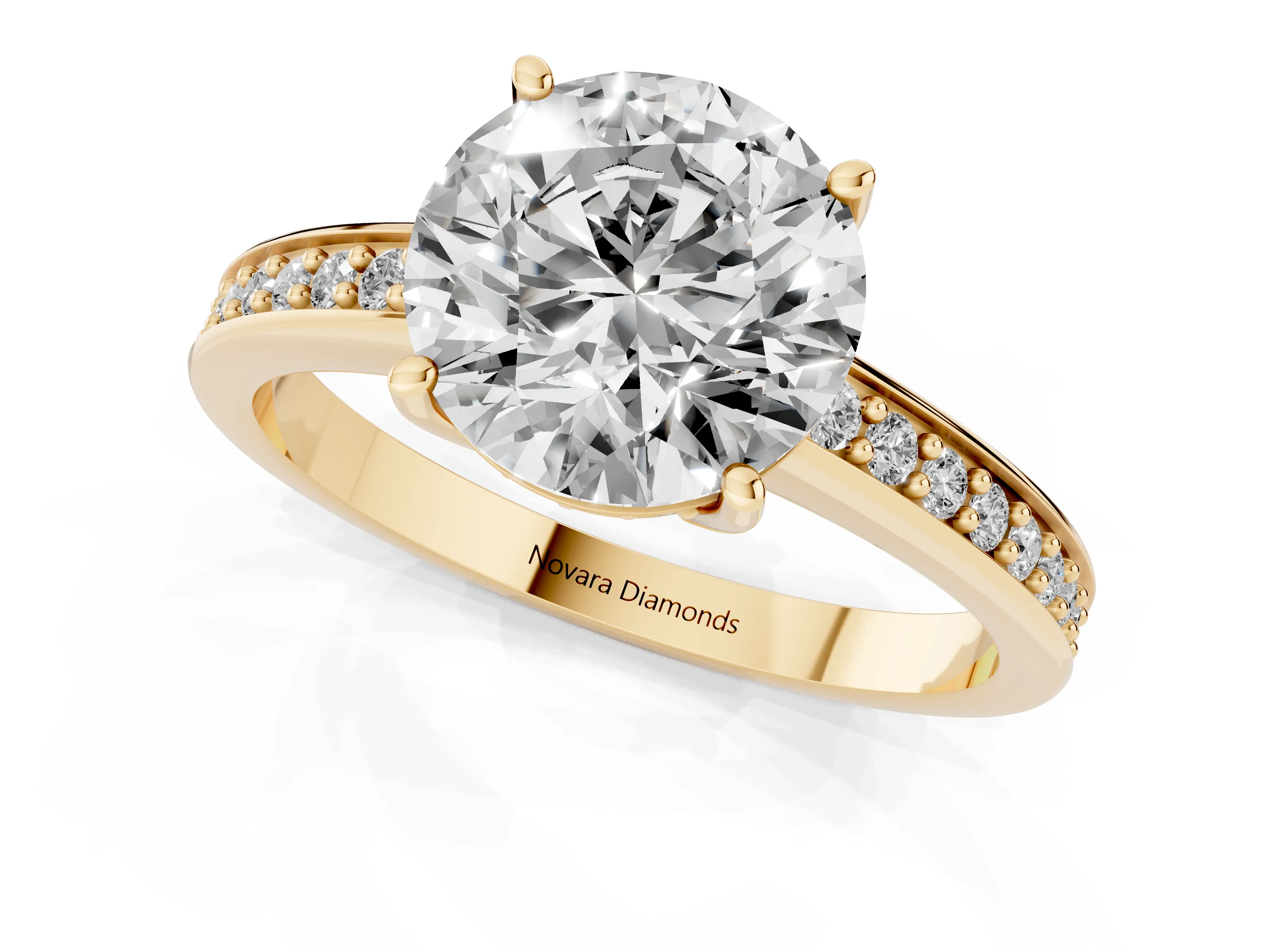 Round Cut Diamond Pavé Band Prong Set Solitaire Ring Set in Yellow gold