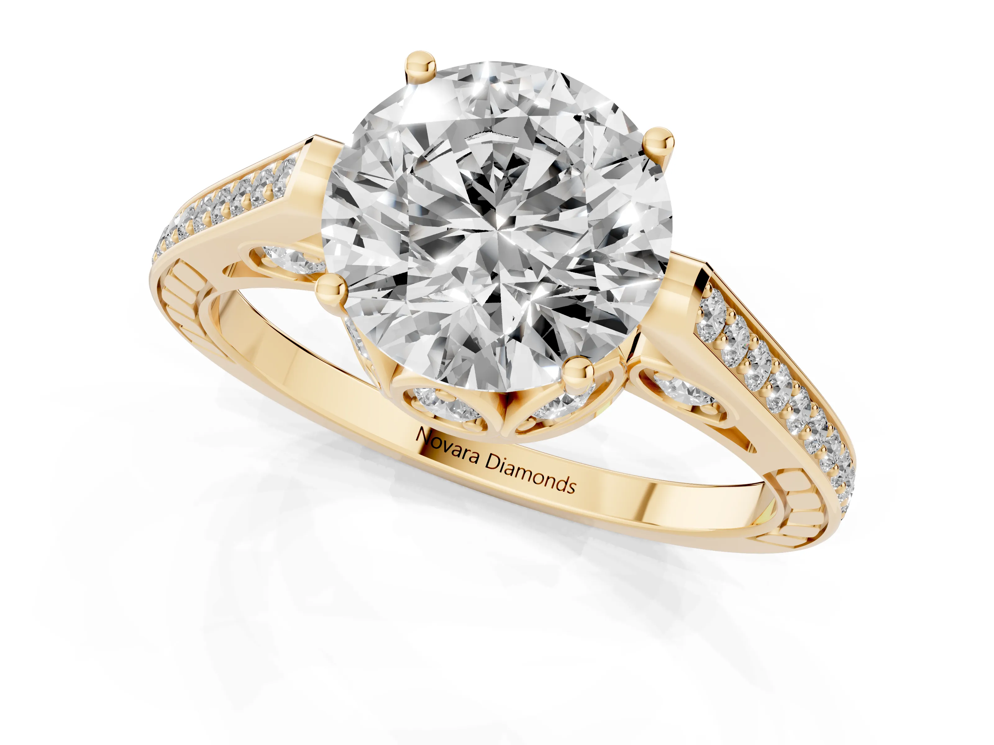 Round Cut Diamond Cathedral Pavé Engagement Ring Set in Yellow gold with Prong Setting