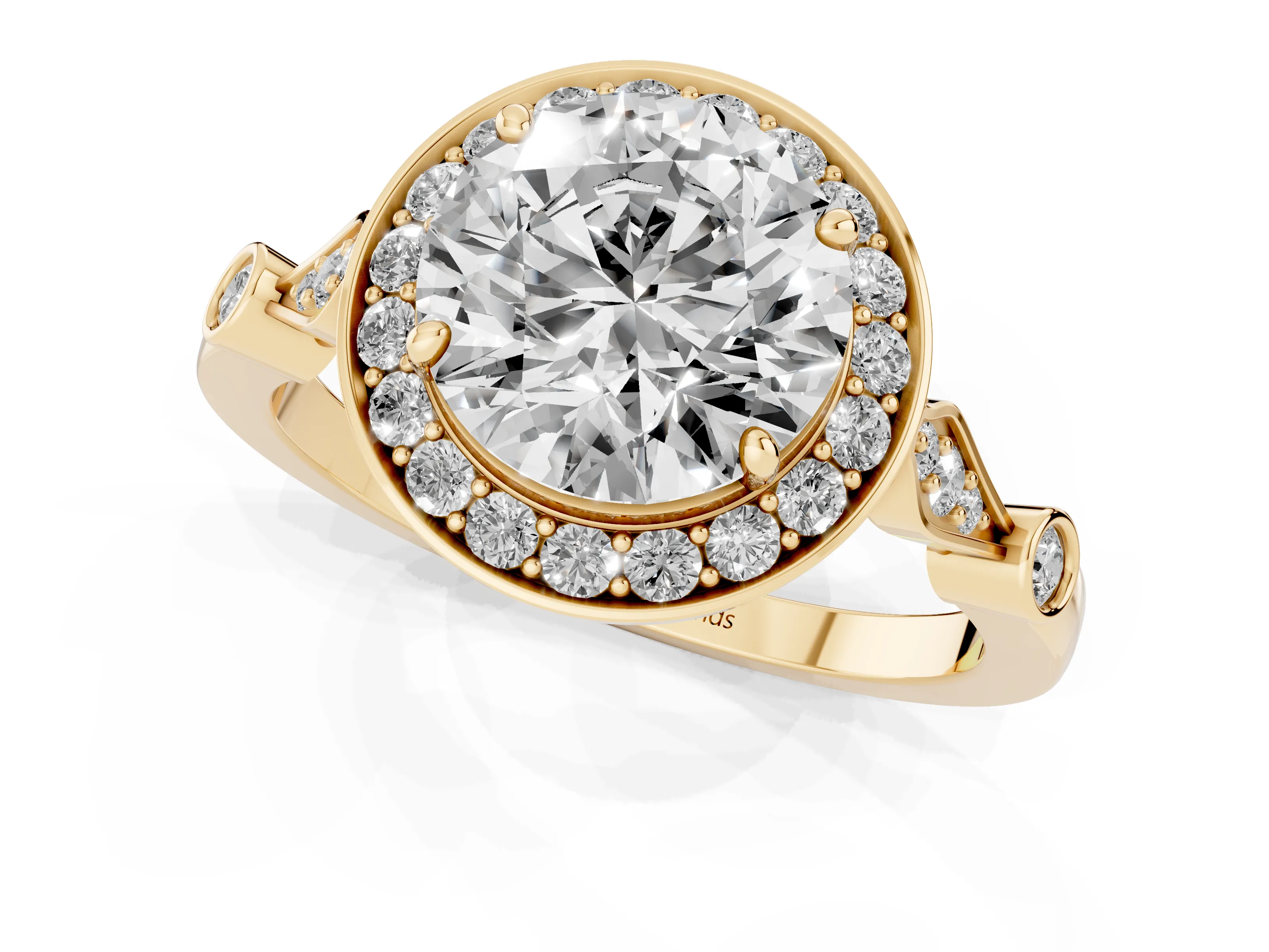 Round Cut Diamond Halo Engagement Ring Set in Yellow gold with Twisted Band and Prong Setting