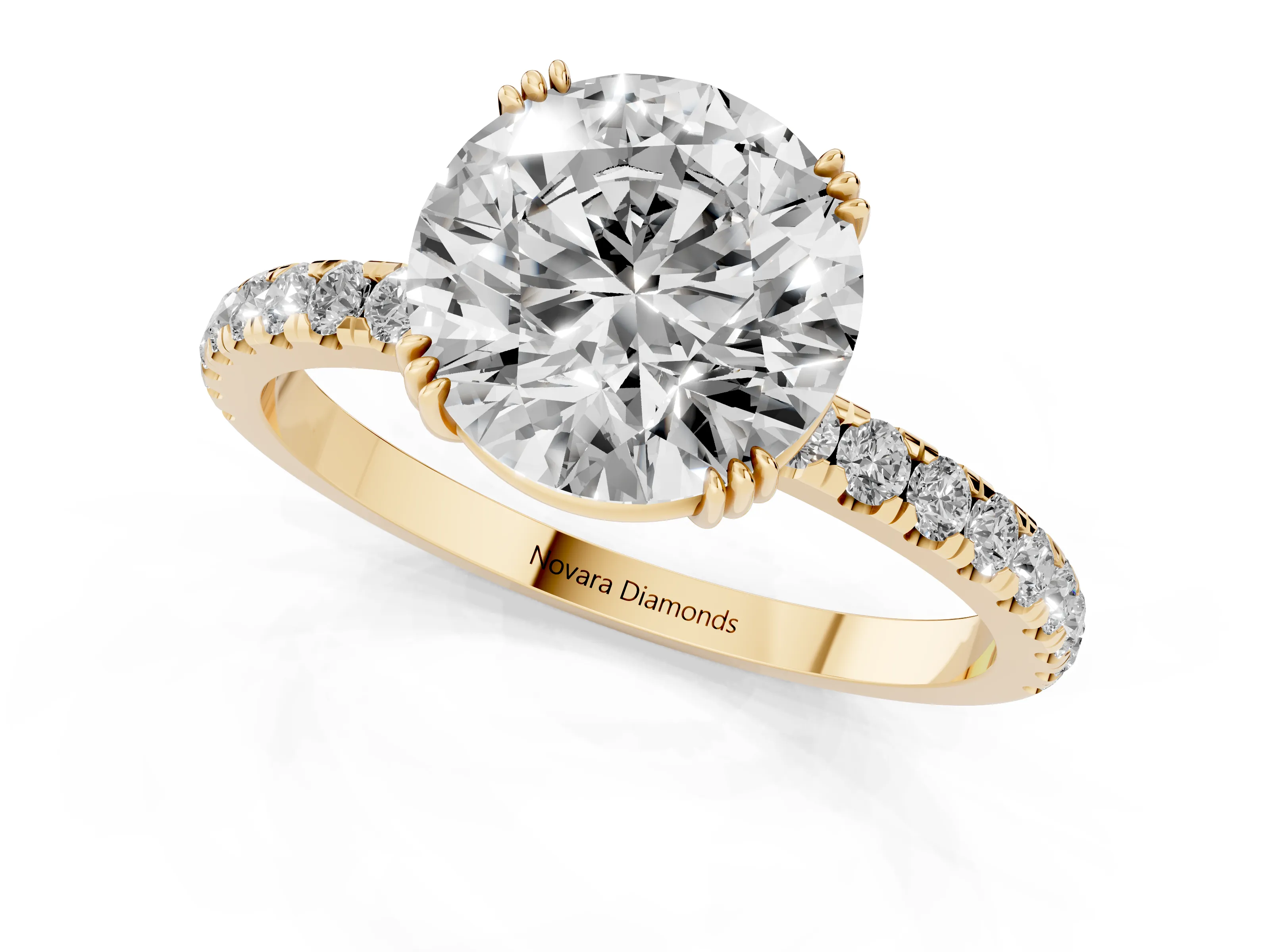 Round Cut Diamond Brilliant Solitaire Set in Yellow gold with Pavé Band and Claw Prong Setting – second view