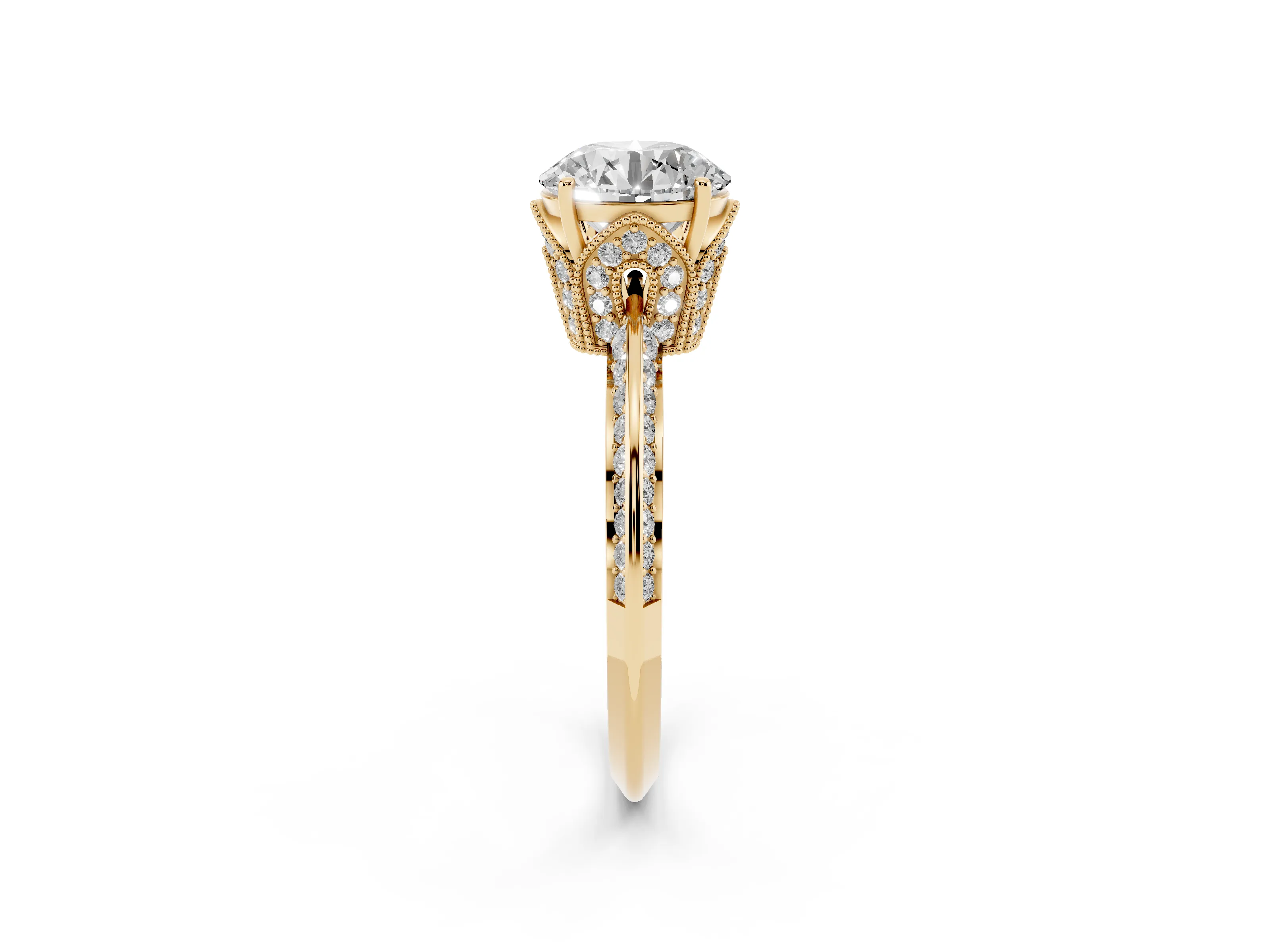 Round Cut Diamond Solitaire Engagement Ring Set in Yellow gold with Pavé Split Shank and Prong Setting