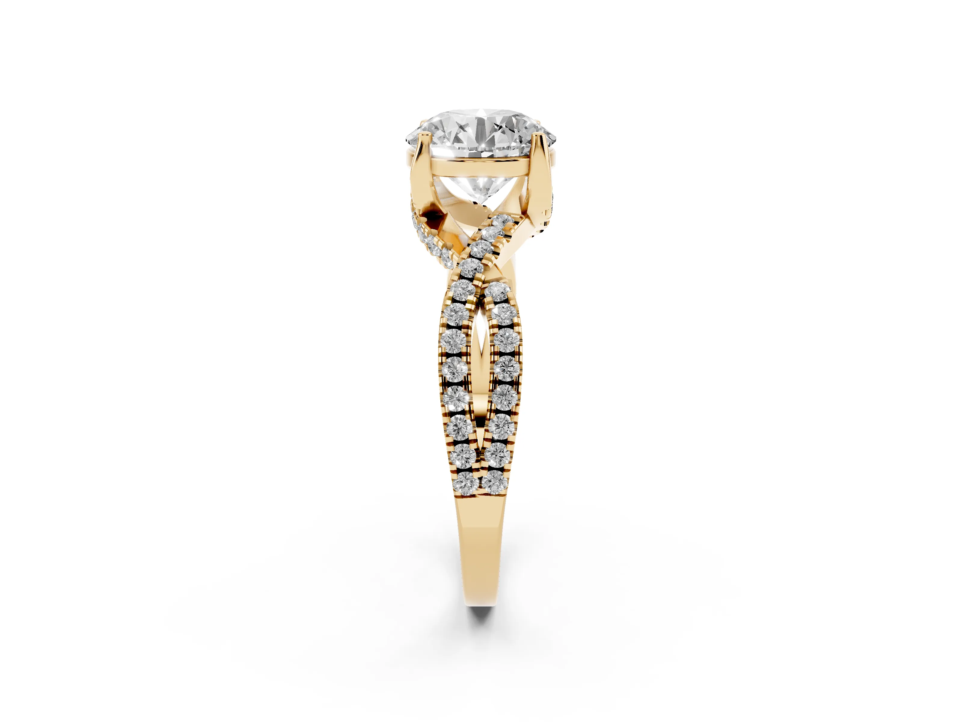 Round Cut Diamond Twist Pavé Solitaire Engagement Ring Set in Yellow gold with Prong Setting