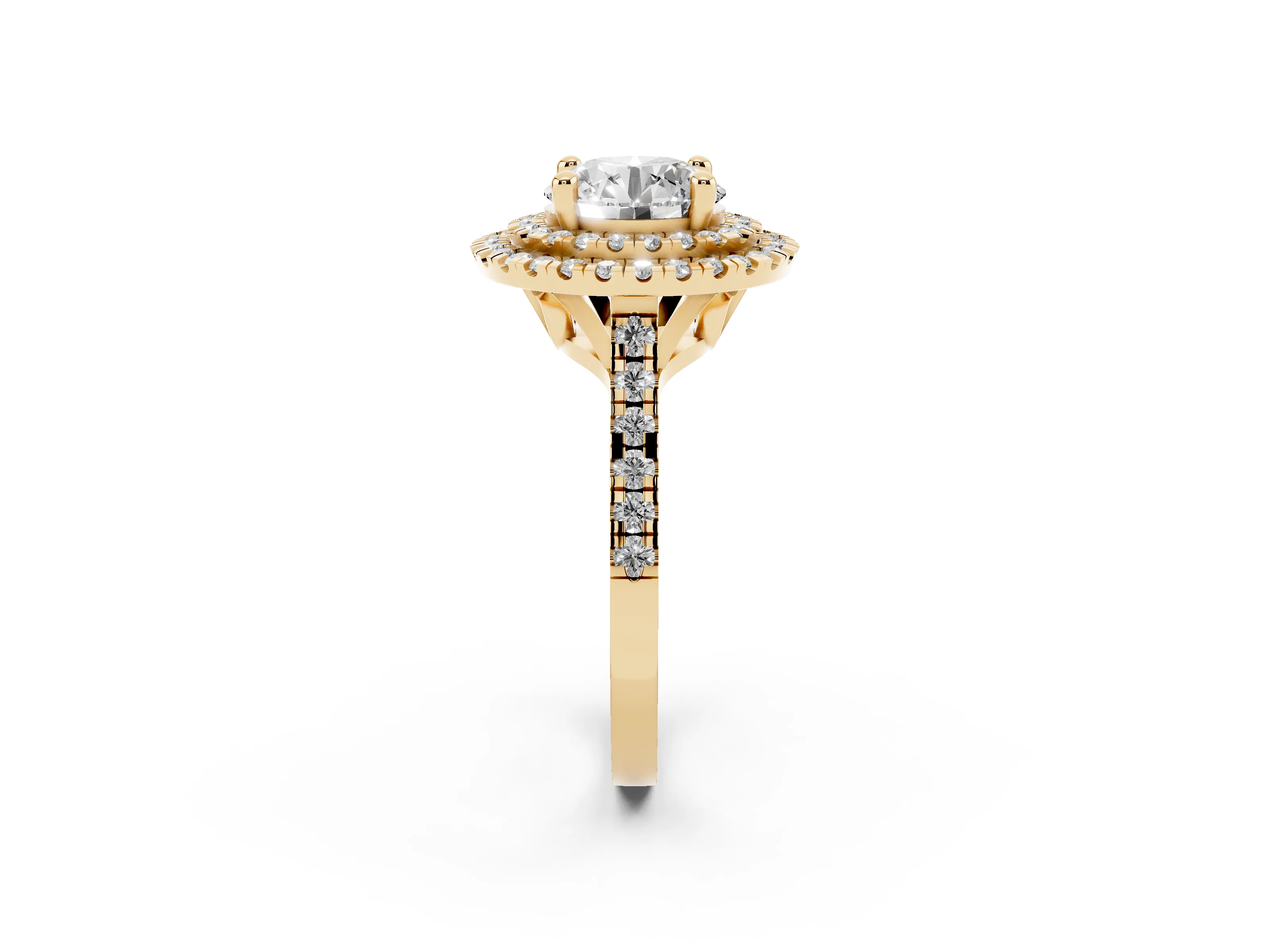 Round Cut Diamond Double Halo Statement Ring Set in Yellow gold with Pavé Band