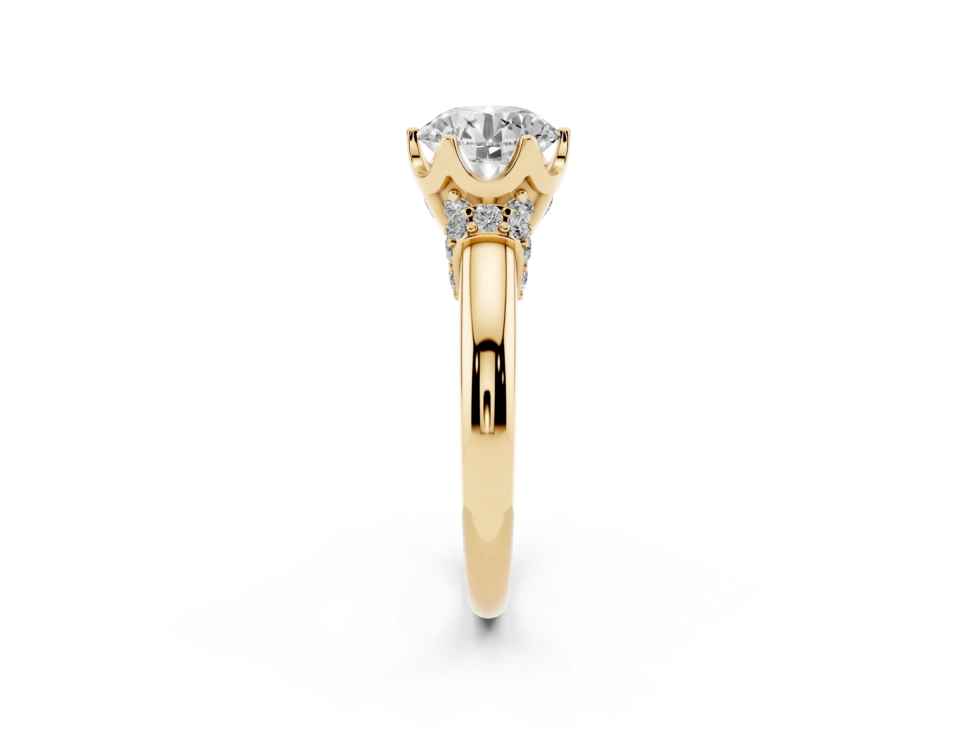 Round Cut Diamond Cathedral Solitaire Engagement Ring Set in Yellow gold with Pavé Accents