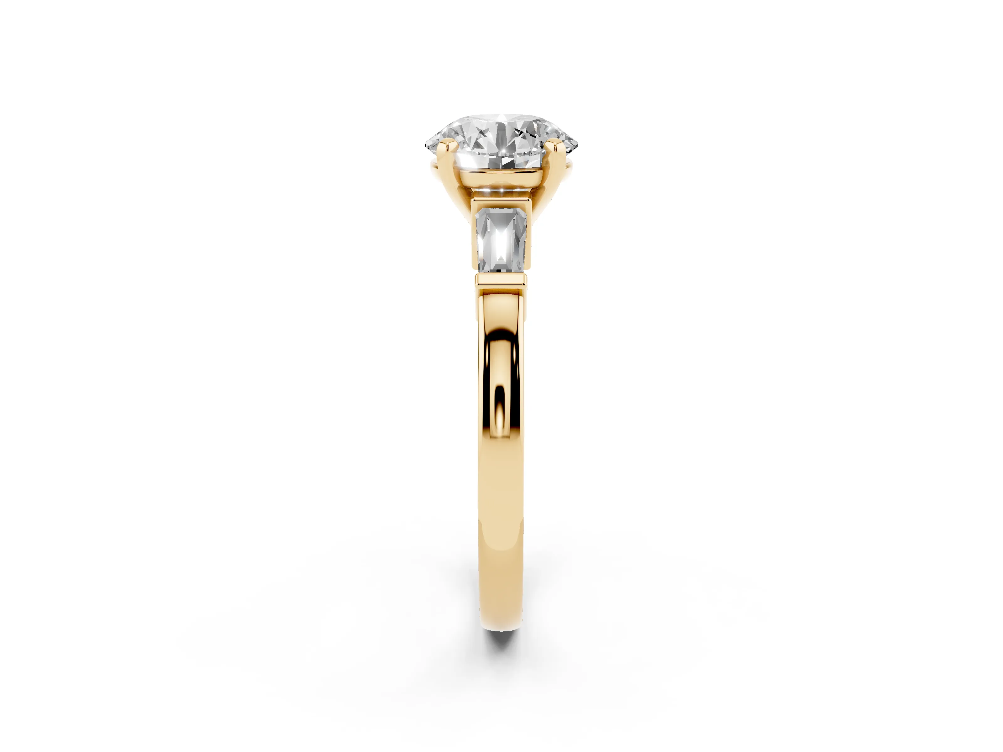 Round Cut Diamond Solitaire Ring Set in Yellow gold with Tapered Baguette Accents and Prong Setting