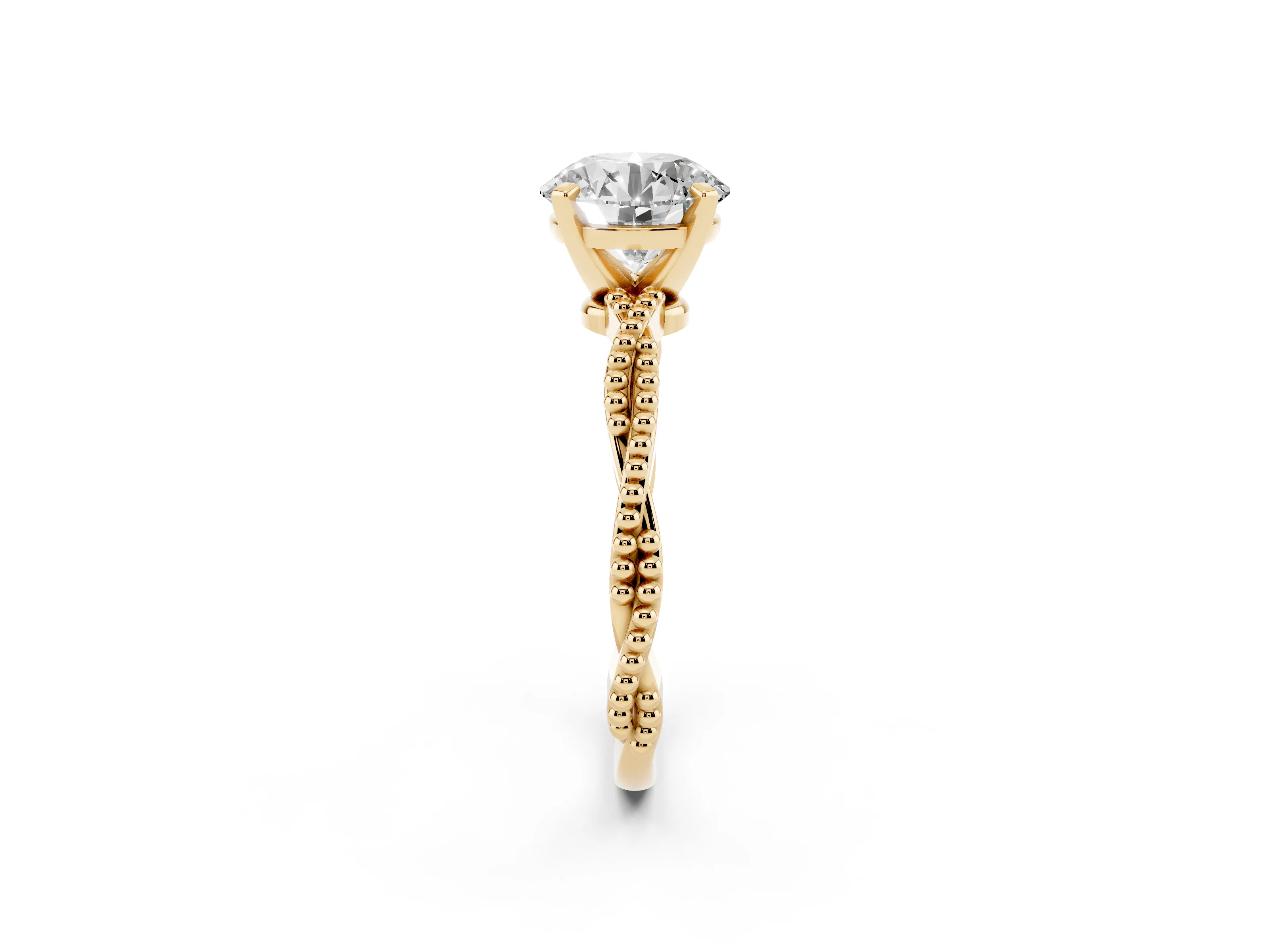 Round Cut Diamond Solitaire Ring Set in Yellow gold with Twisted Band and Bead Prong Setting