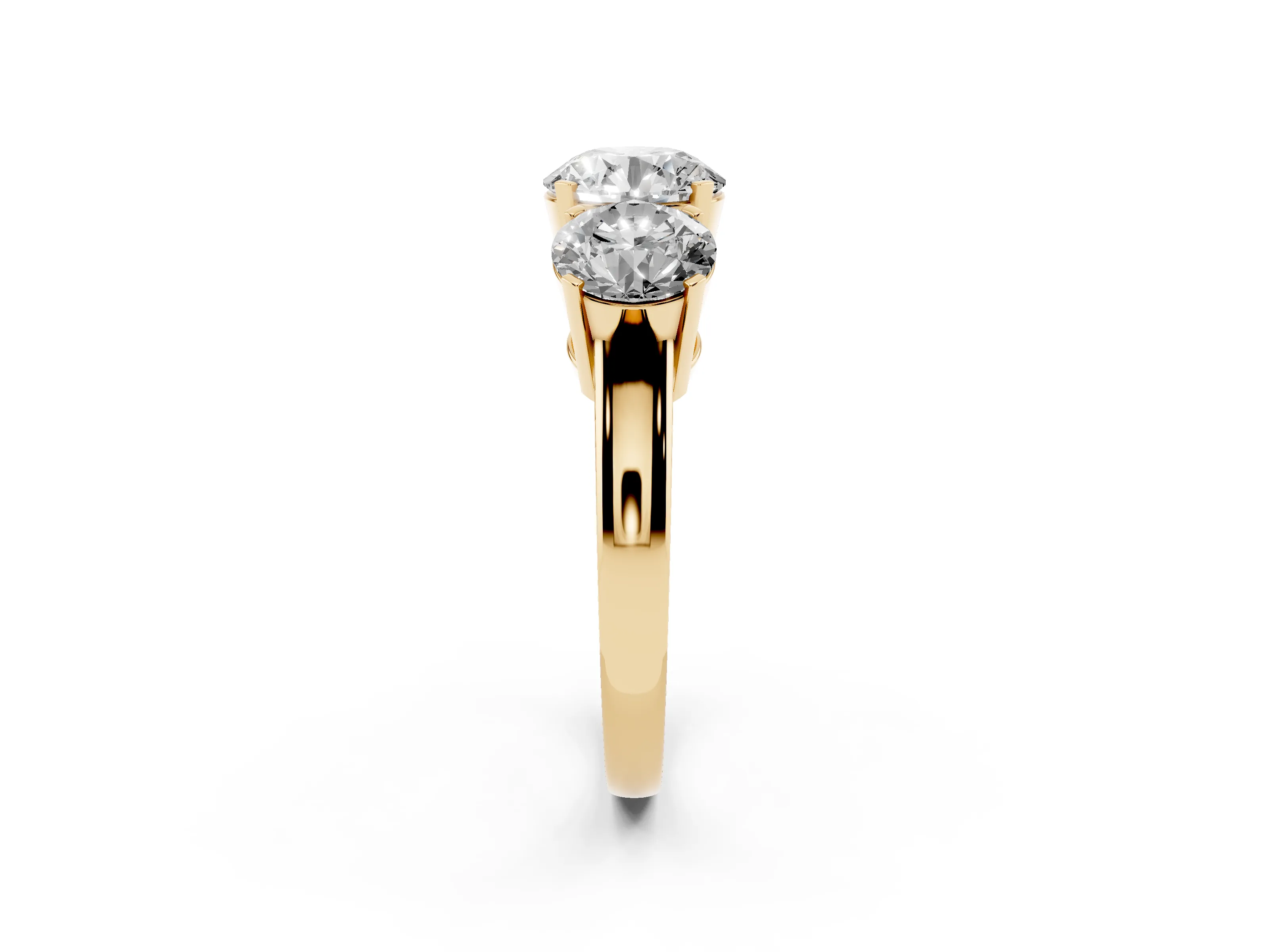 Round Cut Diamond Three-Stone Ring Set in Yellow gold with Channel-Set Band and Prong Settings