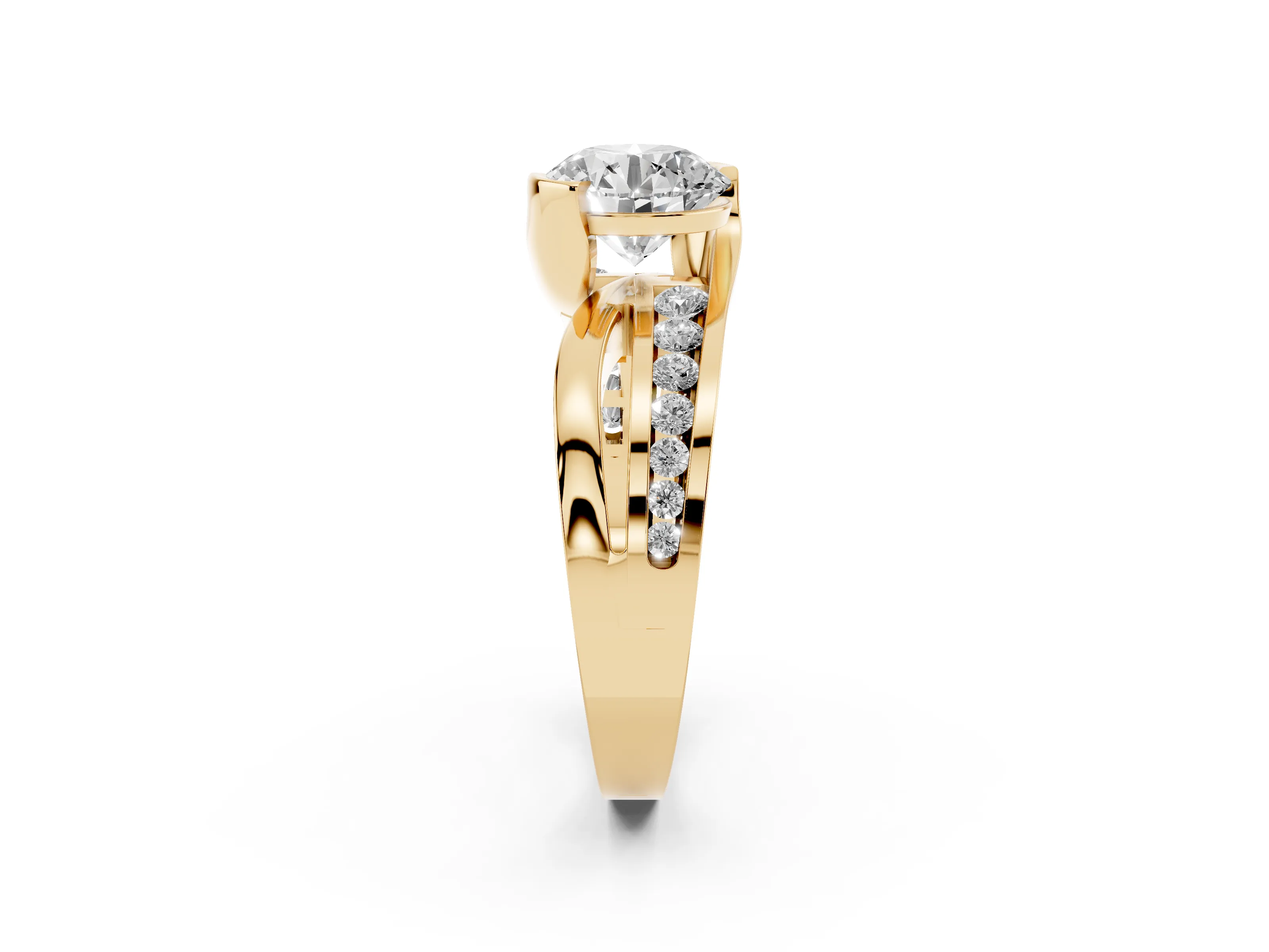 Round Cut Diamond Solitaire Ring Set in Yellow gold with Channel Set Split Shank and Tension Prongs