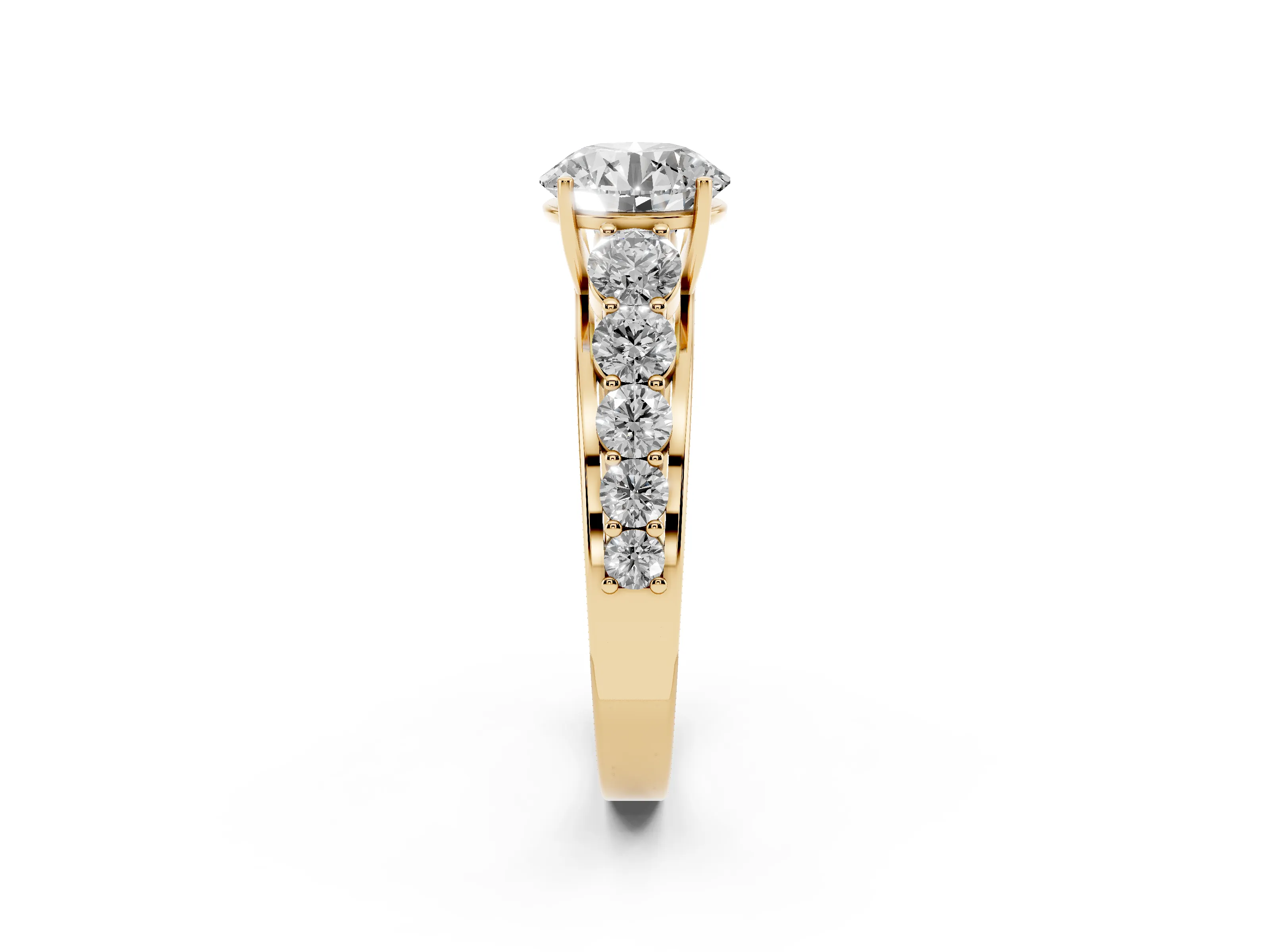 Round Cut Diamond Solitaire Ring Set in Yellow gold with Pavé-Set Band and Prong Setting