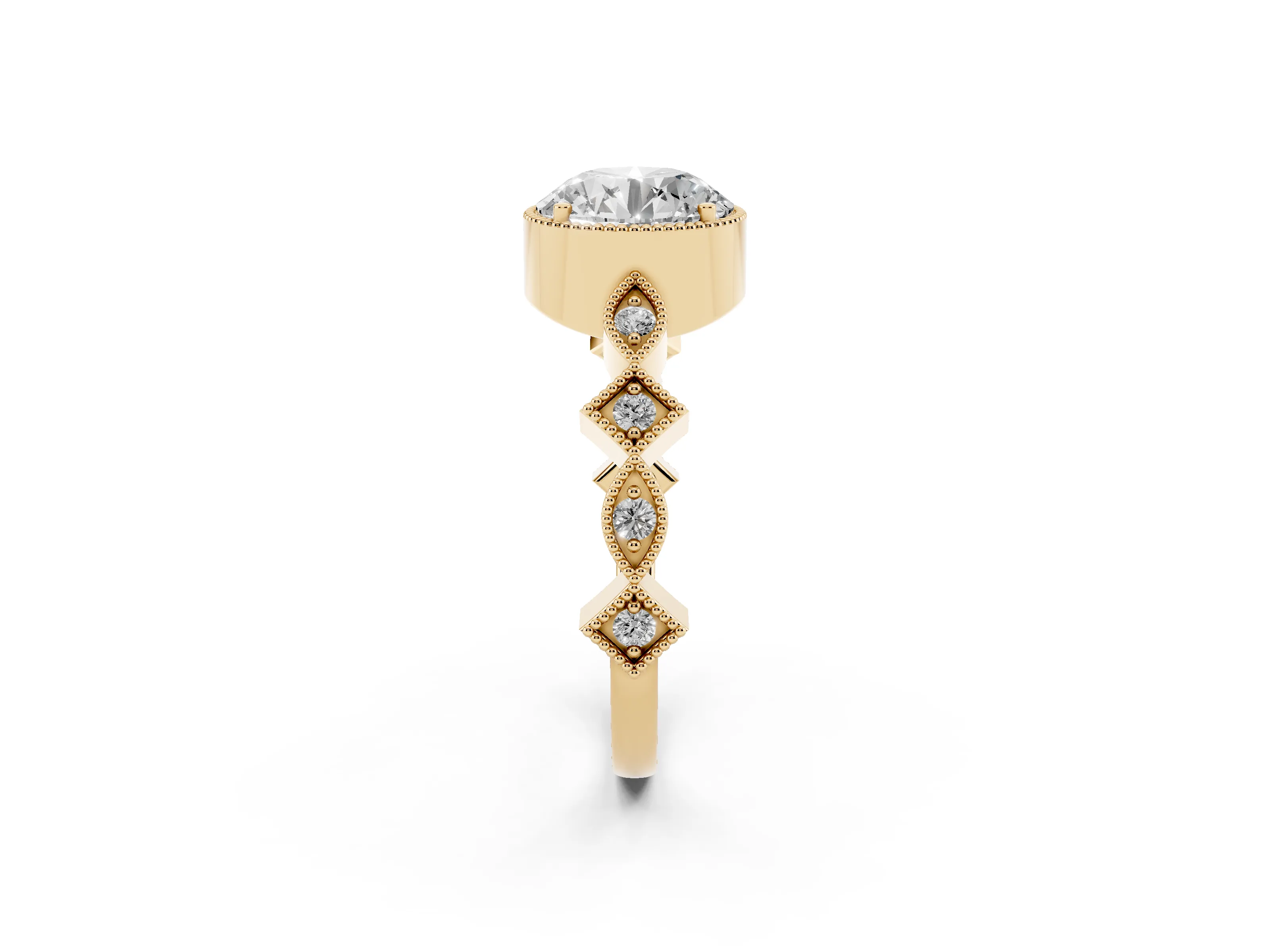 Round Cut Diamond Milgrain Marquise Twist Band Ring Set in Yellow gold with Prong Setting