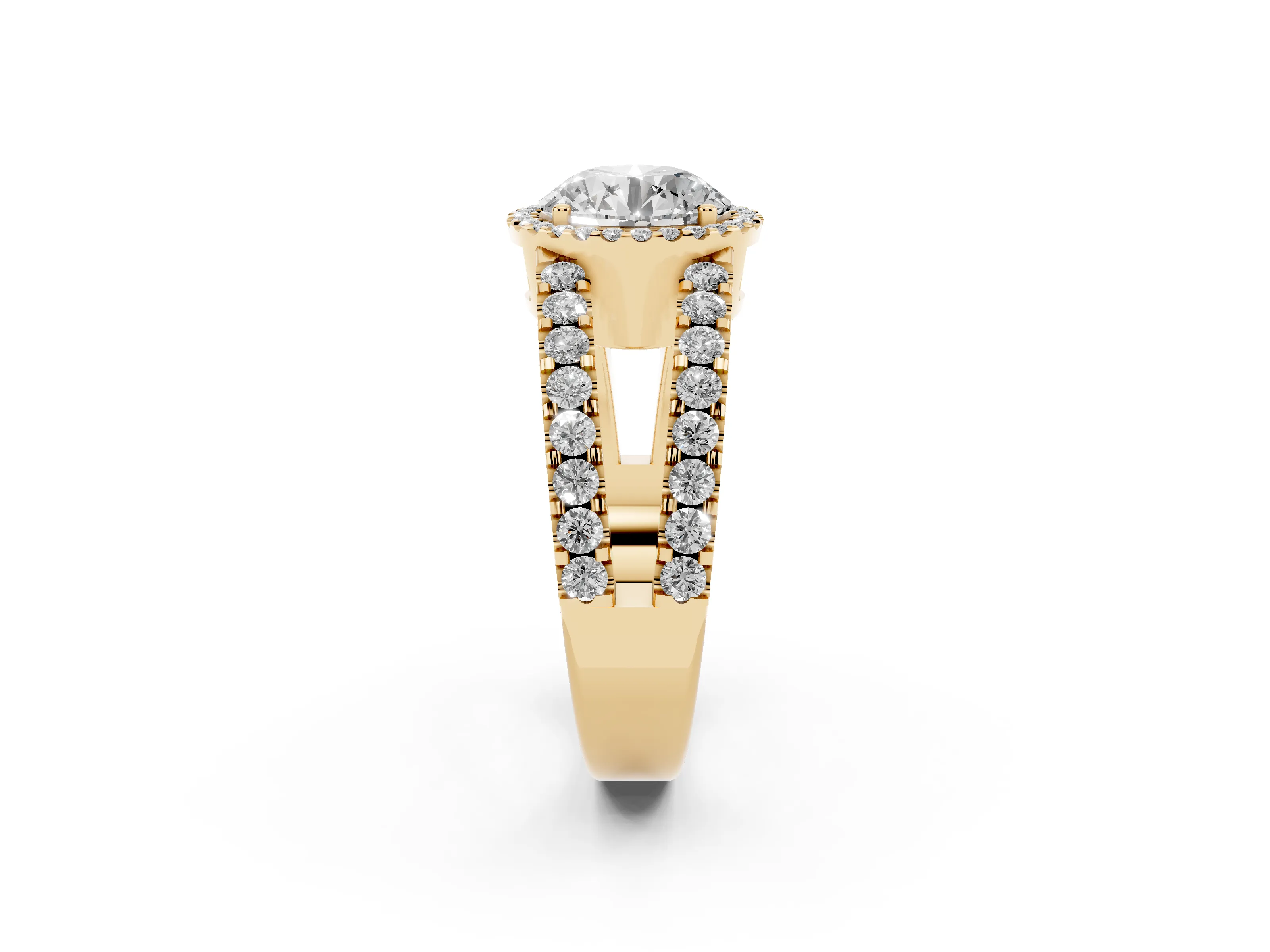 Round Cut Diamond Halo Ring Set in Yellow gold with Pavé Split Shank and Prong Setting