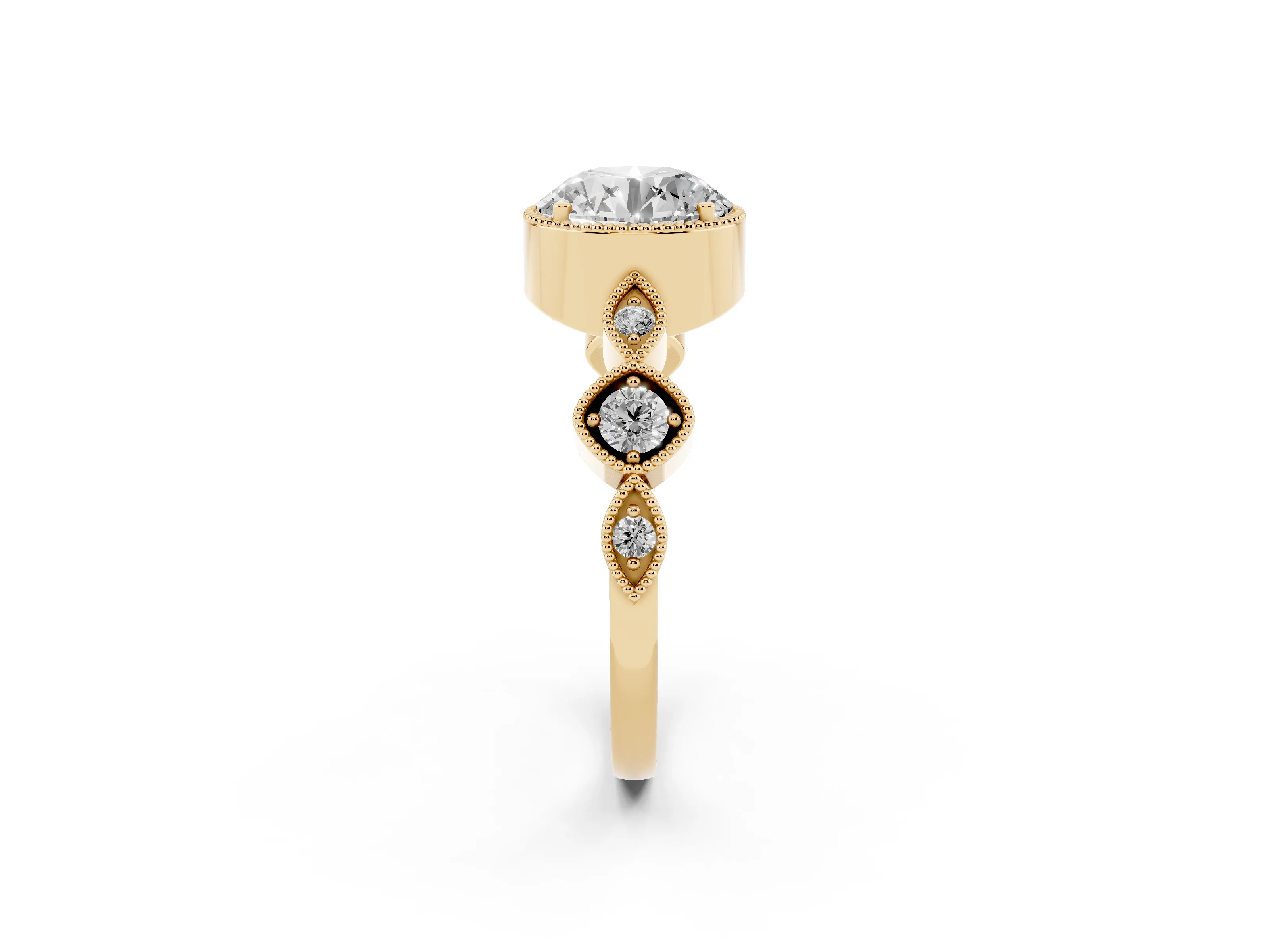 Round Cut Diamond Vintage-Inspired Milgrain Ring Set in Yellow gold with Marquise Stations of Round Accents