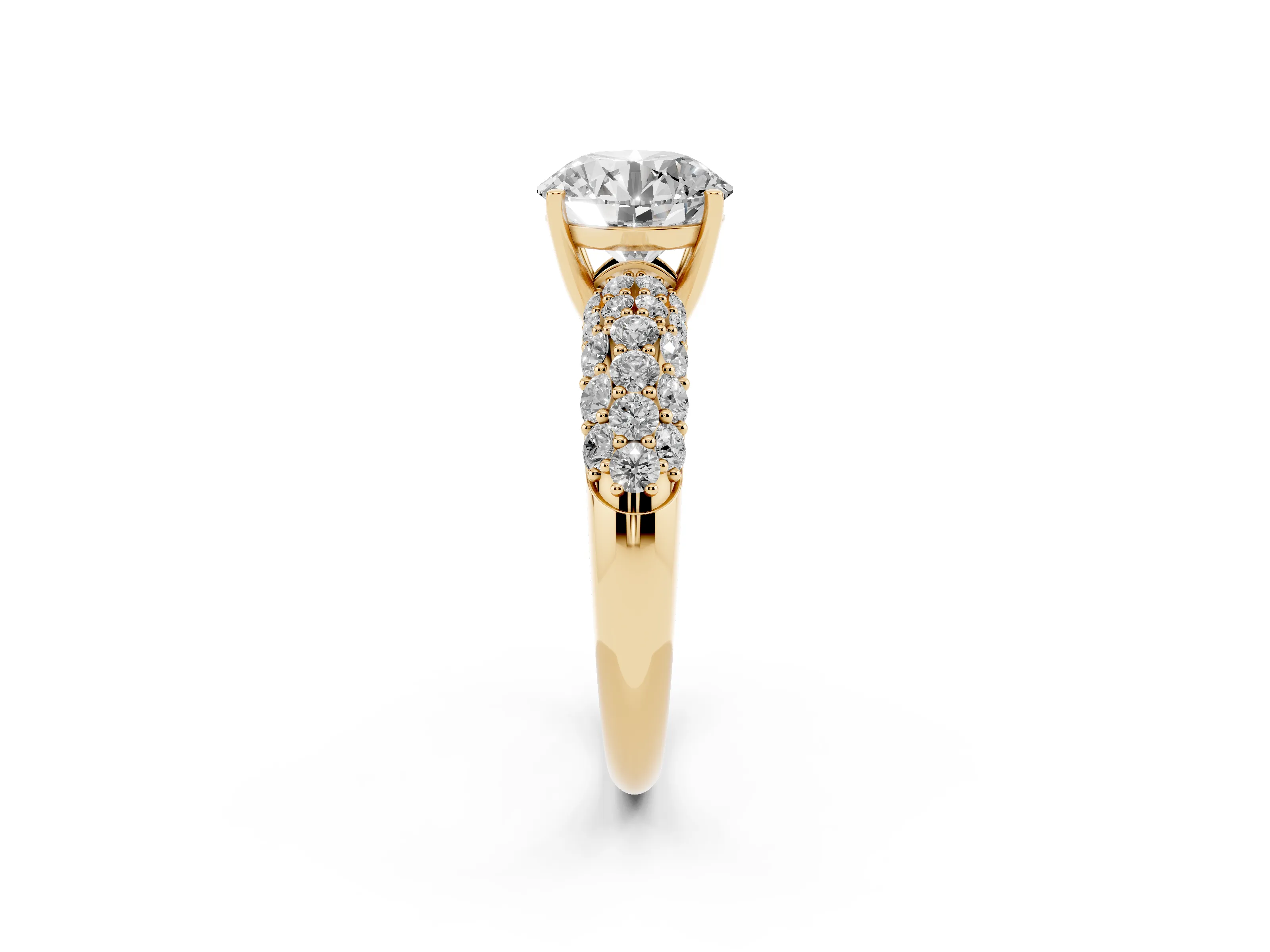 Round Cut Diamond Pavé Band Solitaire Ring Set in Yellow gold with Close-Set Accent Stones and Prong Setting