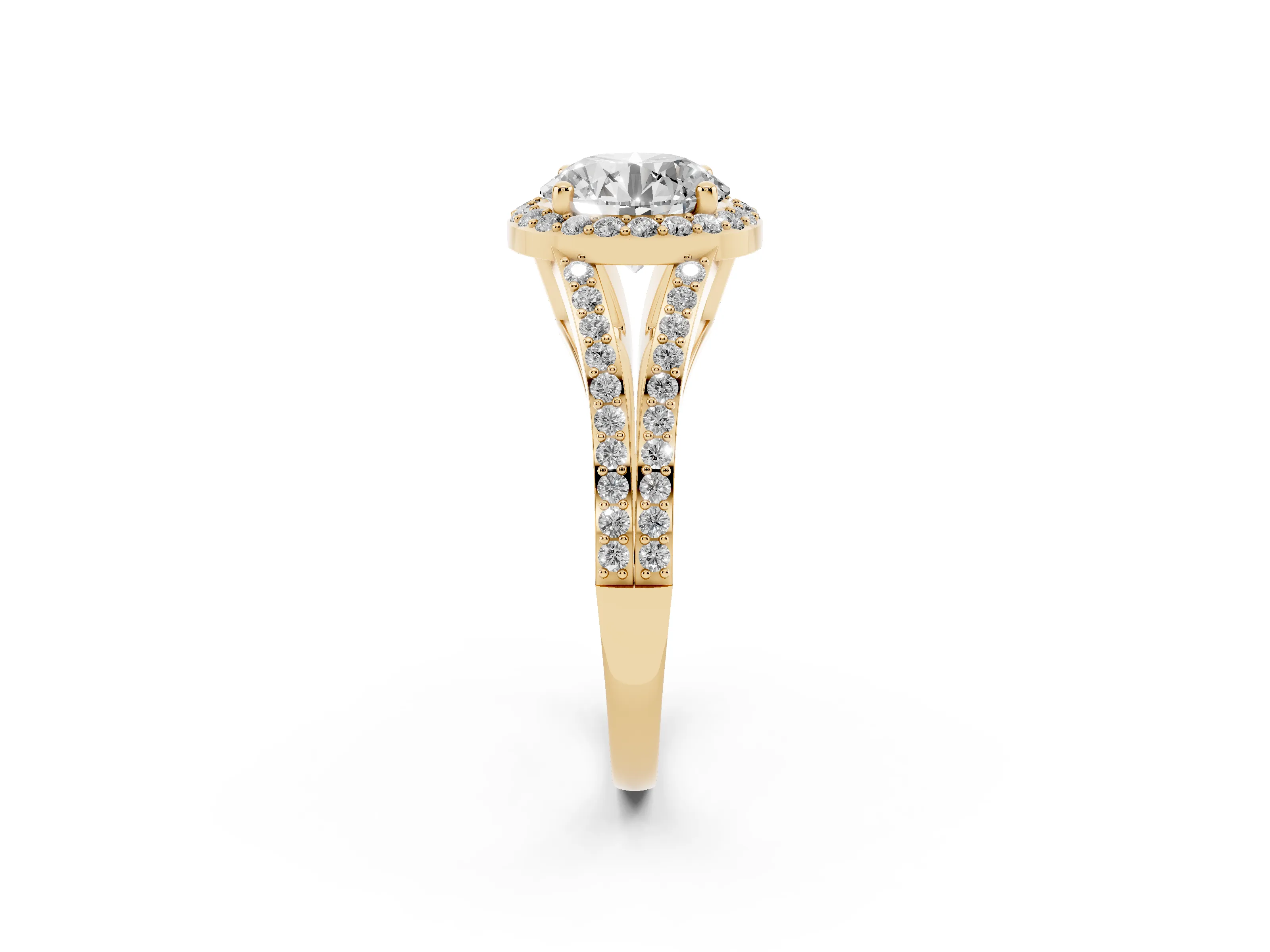 Round Cut Diamond Halo Split Shank Pavé Ring Set in Yellow gold with Prong Setting