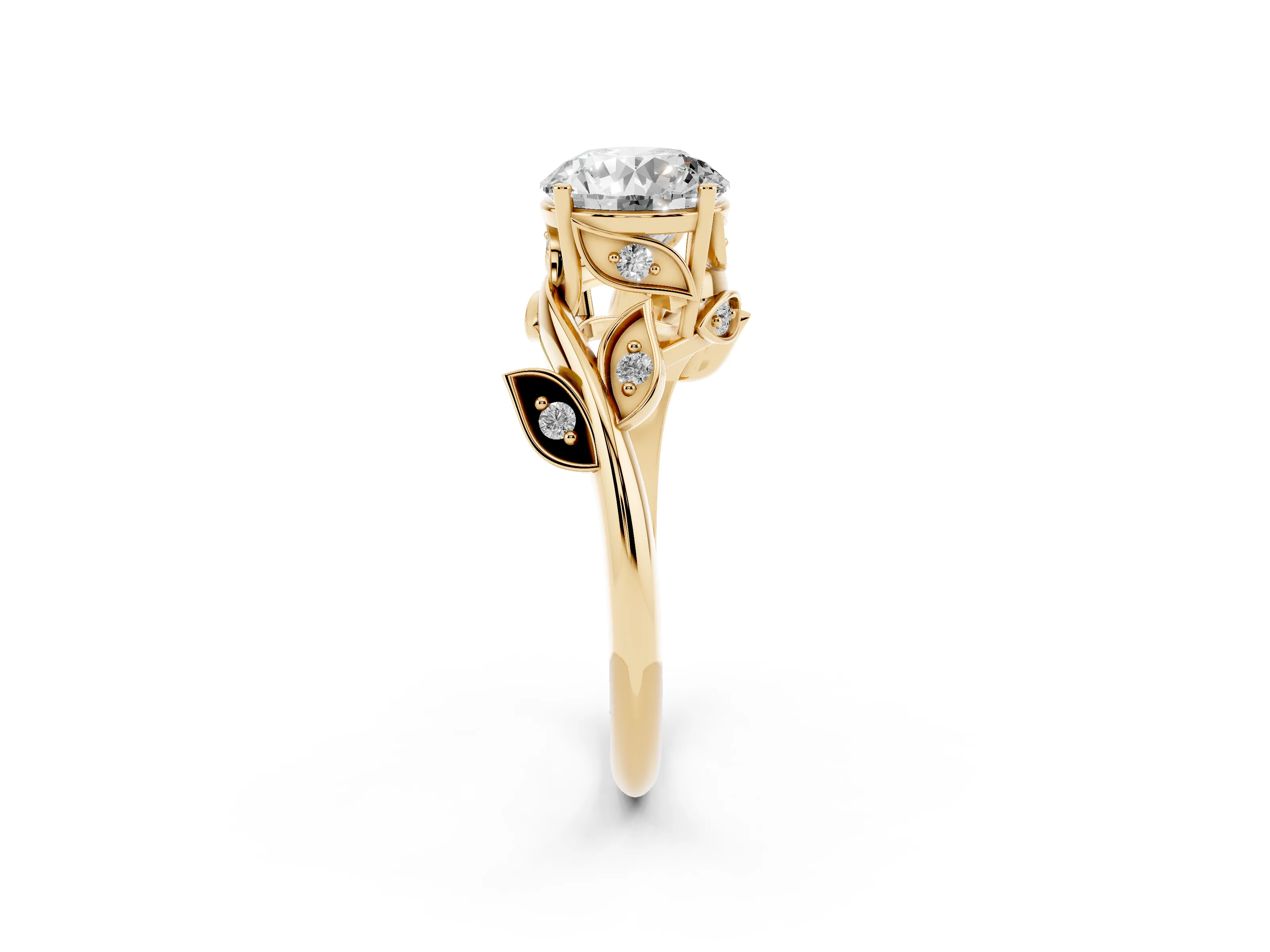 Round Cut Diamond Solitaire Twist Engagement Ring Set in Yellow gold with Pavé Leaf Accents