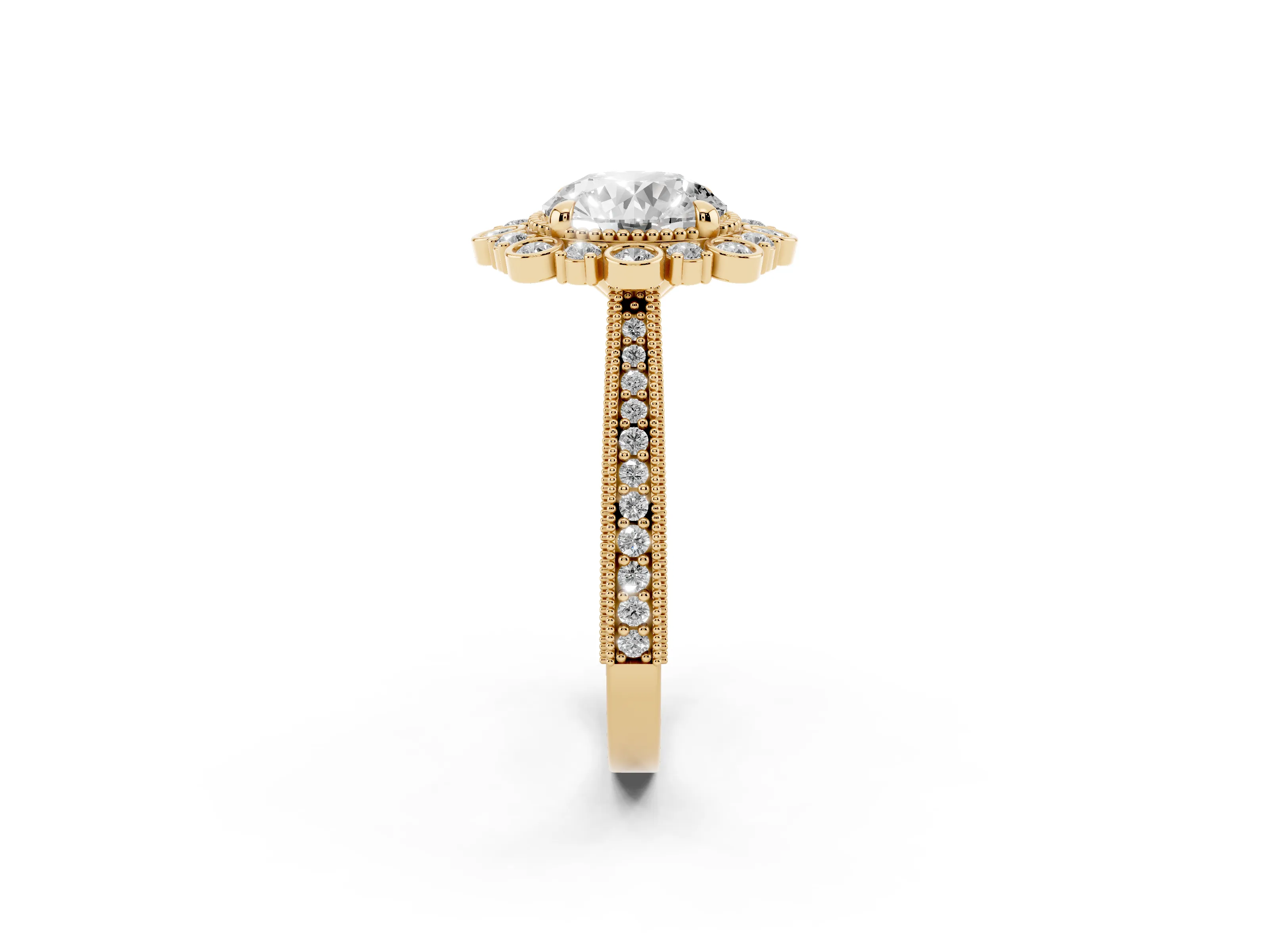 Round Cut Diamond Halo Milgrain Pavé Ring Set in Yellow gold with Prong Setting