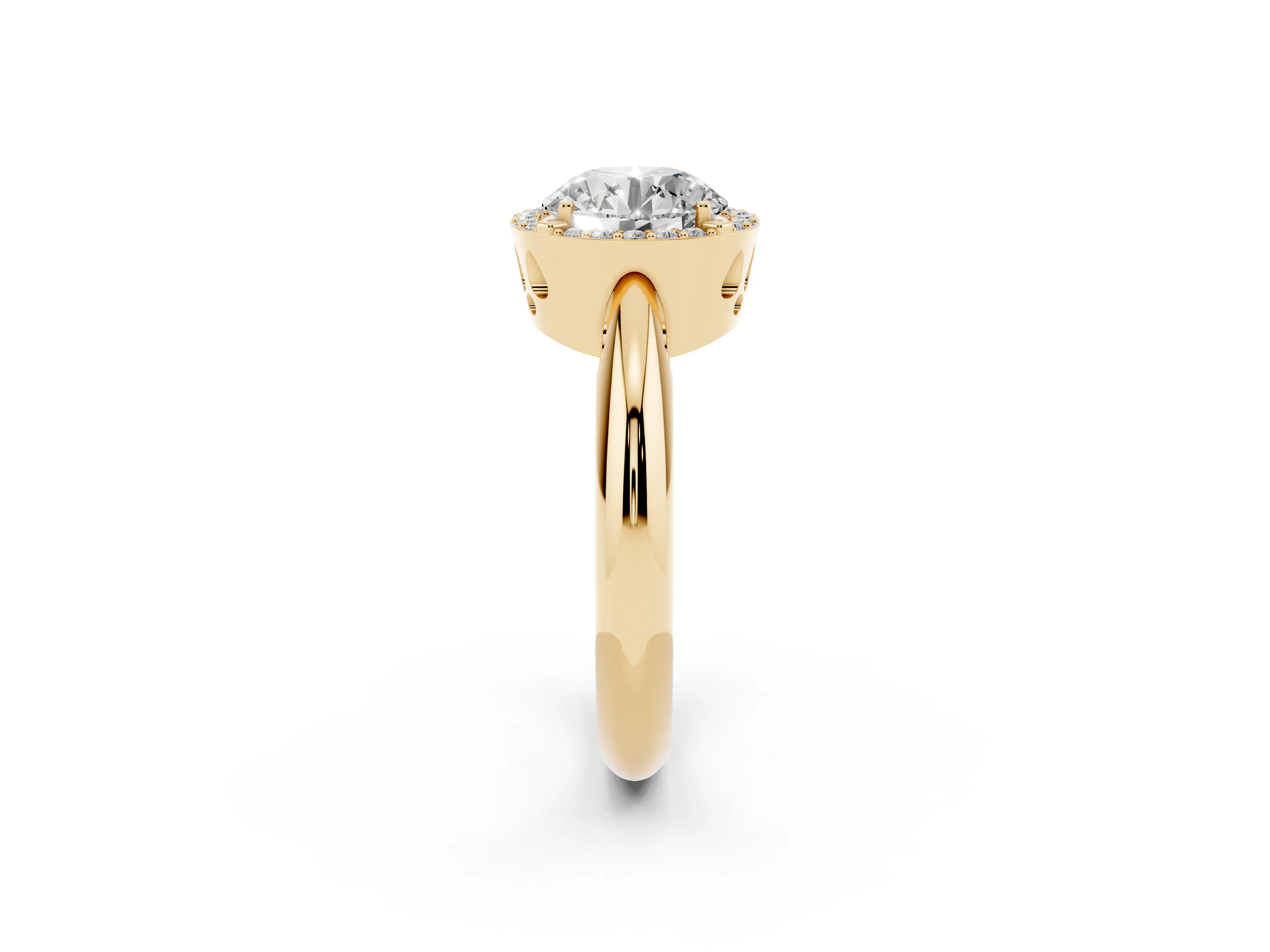 Round Cut Diamond Halo Engagement Ring Set in Yellow gold with Plain Split Shank and Prong Setting