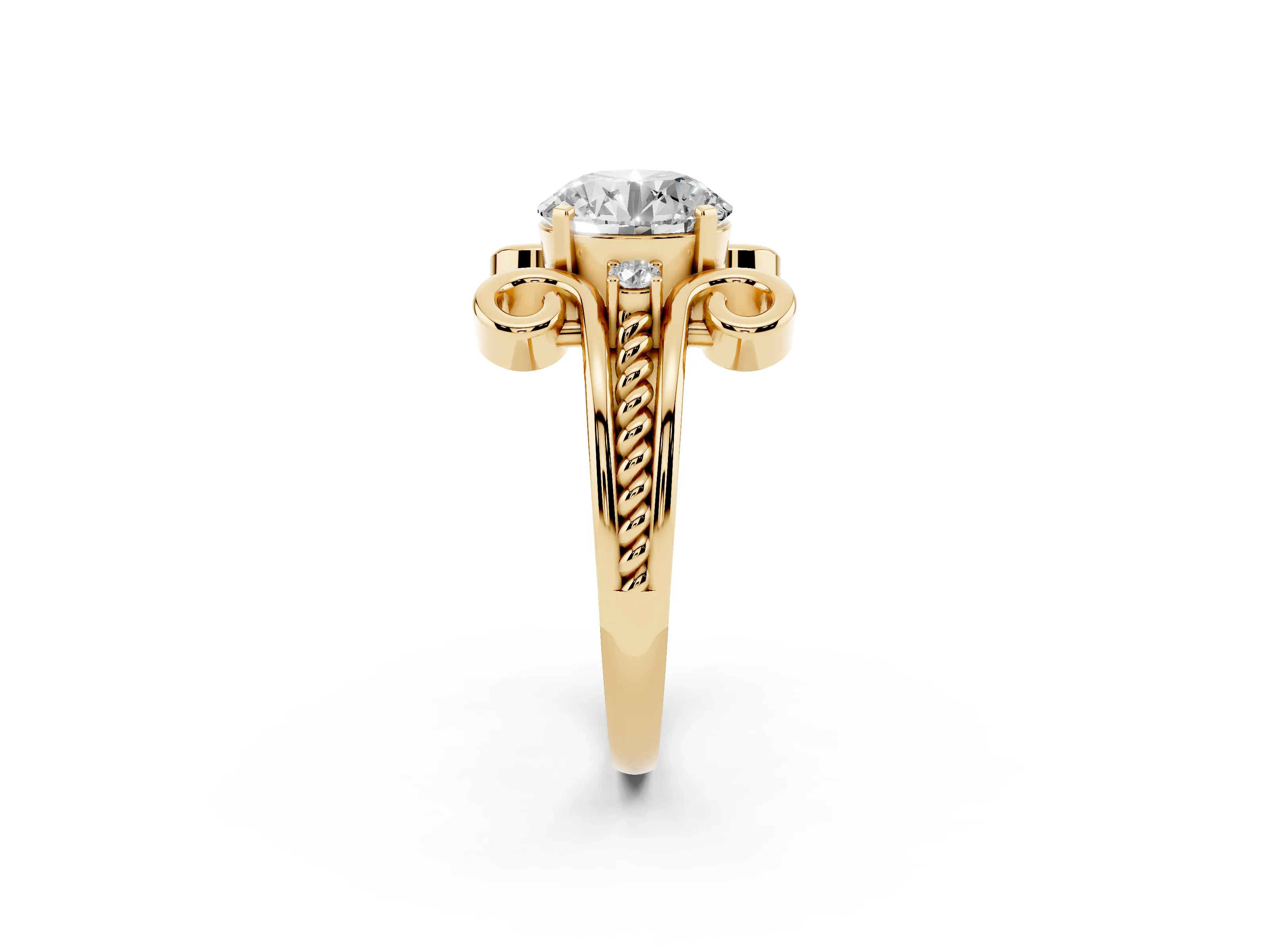 Round Cut Diamond Twisted Band Solitaire Ring Set in Yellow gold with Scroll Prongs