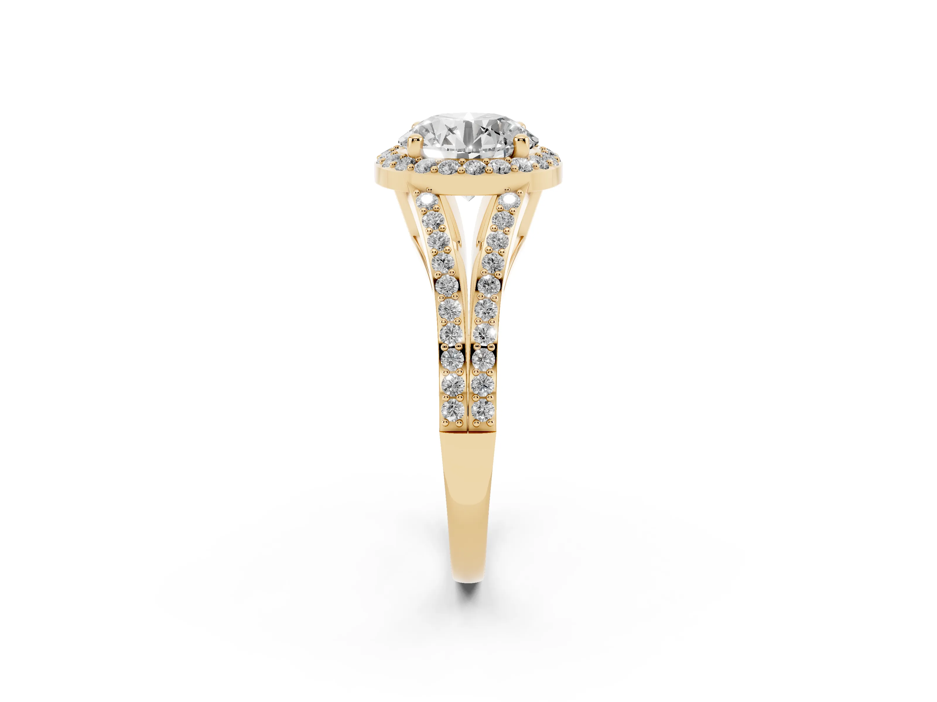 Round Cut Diamond Halo Split Shank Ring Set in Yellow gold with Accent Stones and Prong Setting