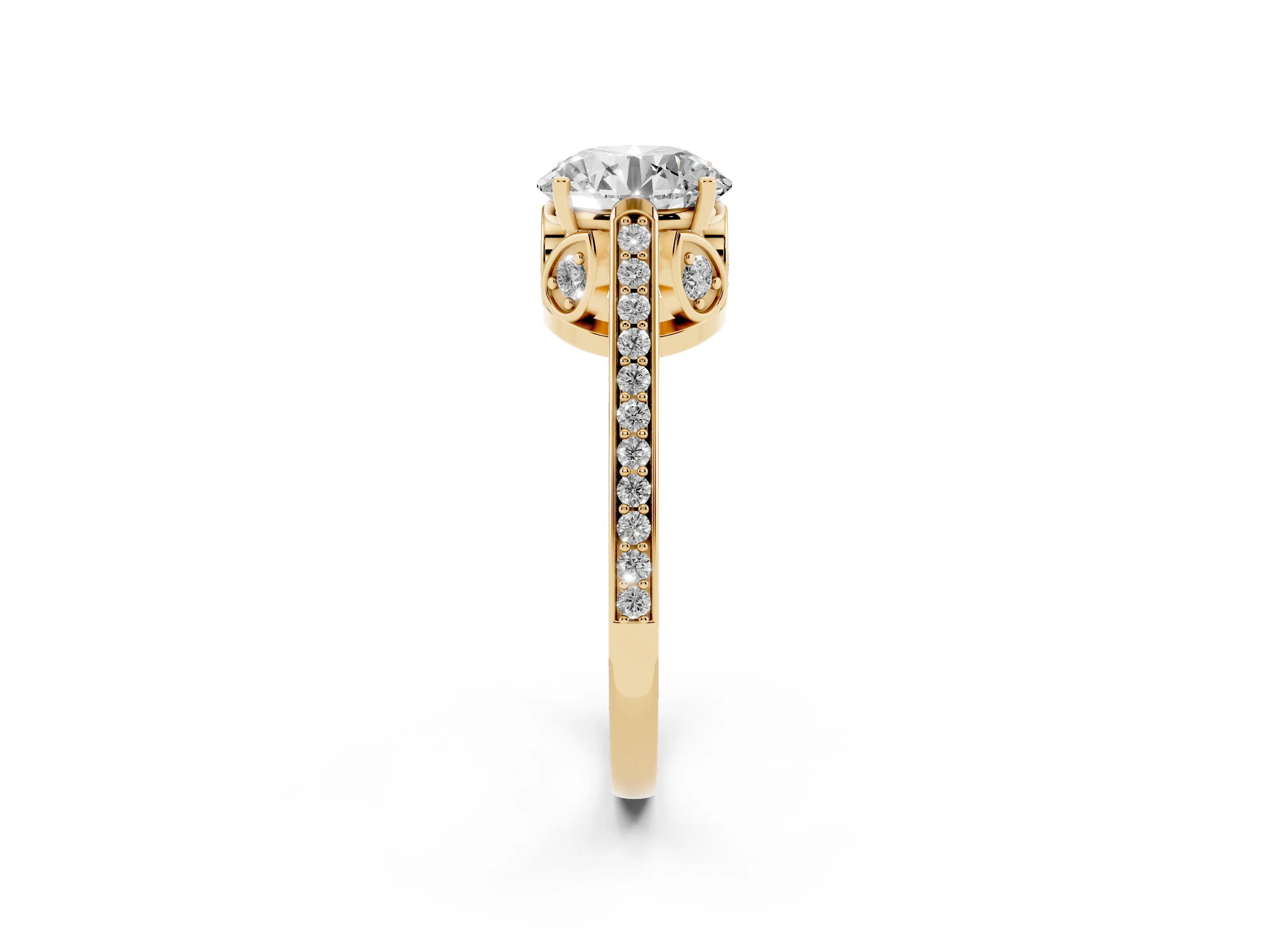 Round Cut Diamond Cathedral Pavé Engagement Ring Set in Yellow gold with Prong Setting