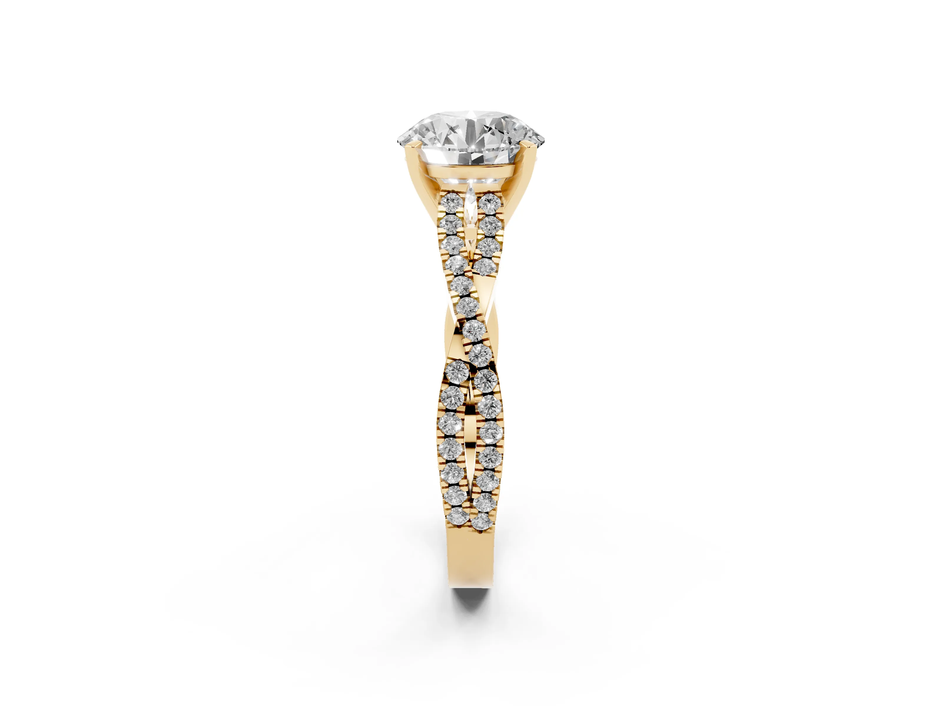 Round Cut Diamond Solitaire Engagement Ring Set in Yellow gold with Twisted Pavé Band and Prong Setting
