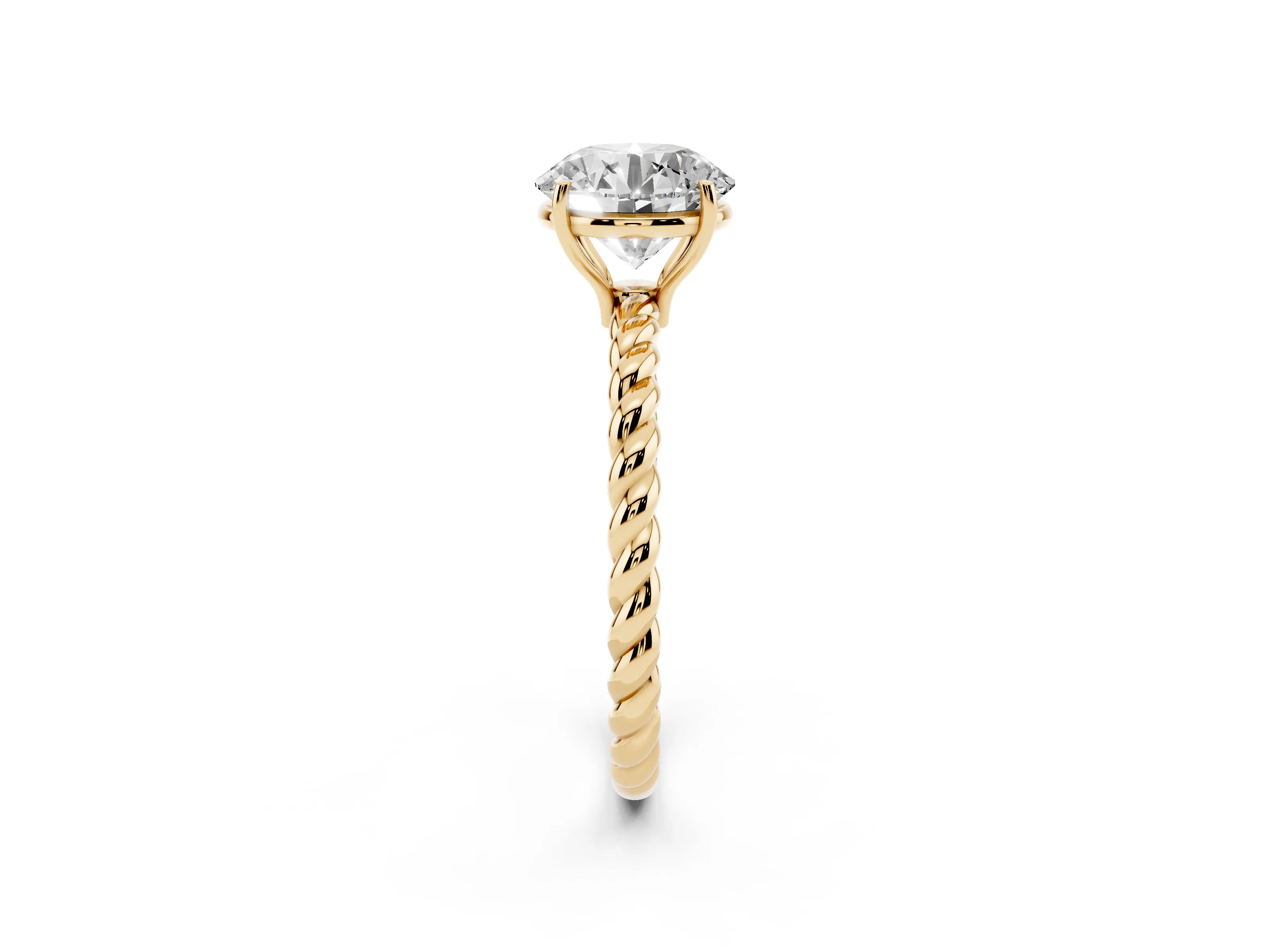 Round Cut Diamond Solitaire Ring Set in Yellow gold with Twist Band and Prong Setting
