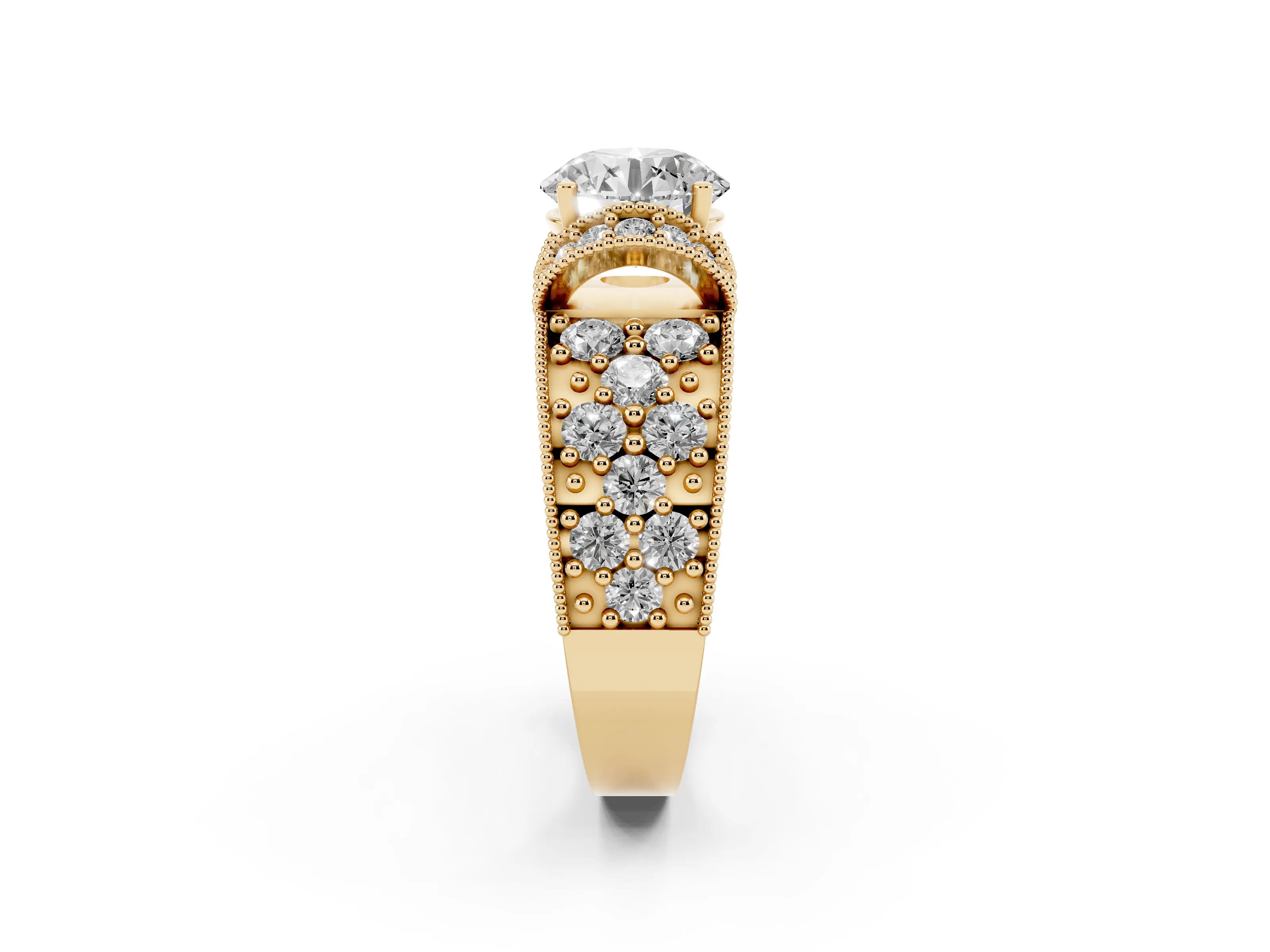 Round Cut Diamond Milgrain Halo Pavé Engagement Ring Set in Yellow gold with Prong Setting