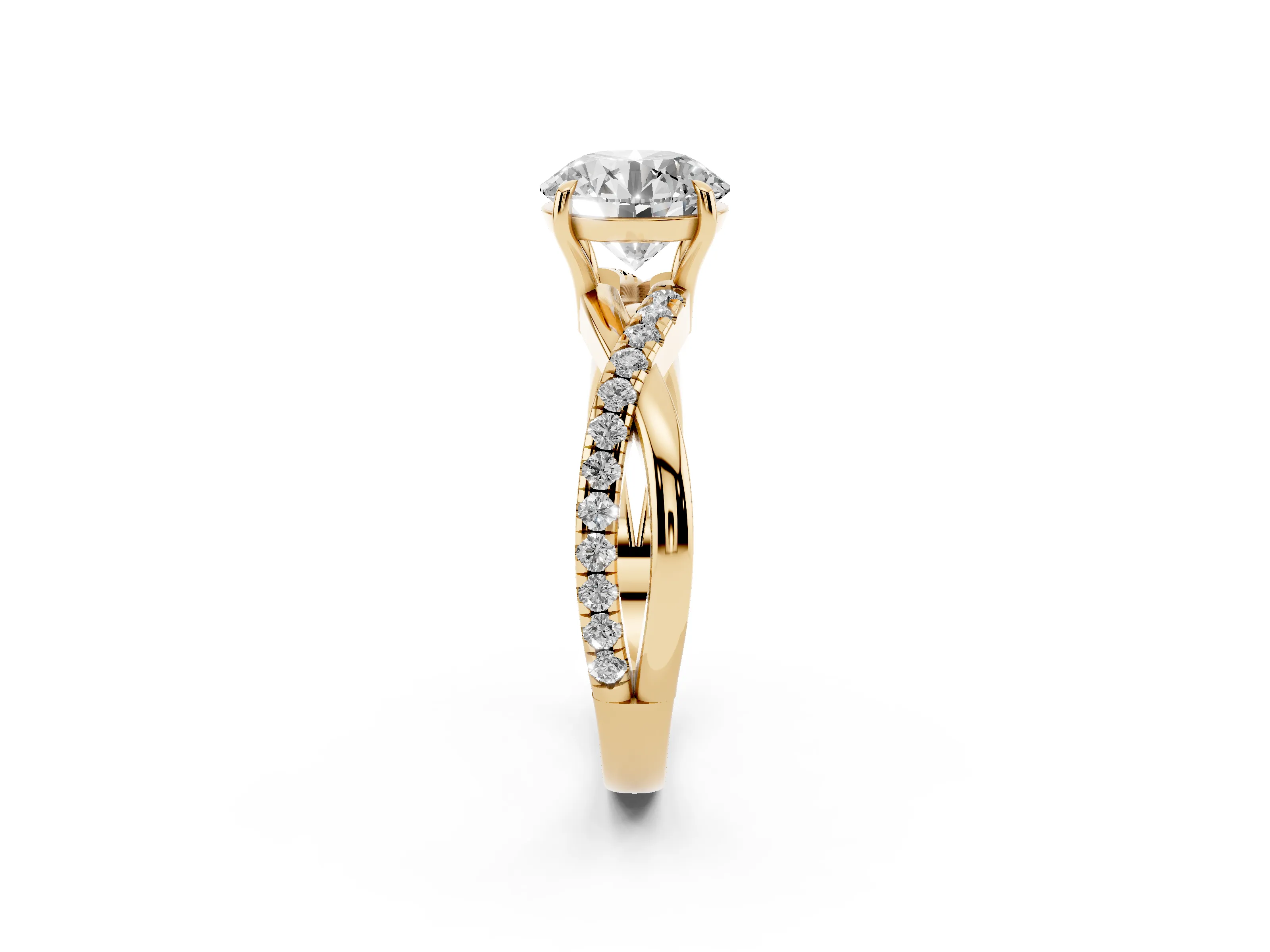Round Cut Diamond Twisted Pavé Band Ring Set in Yellow gold with Prong Setting