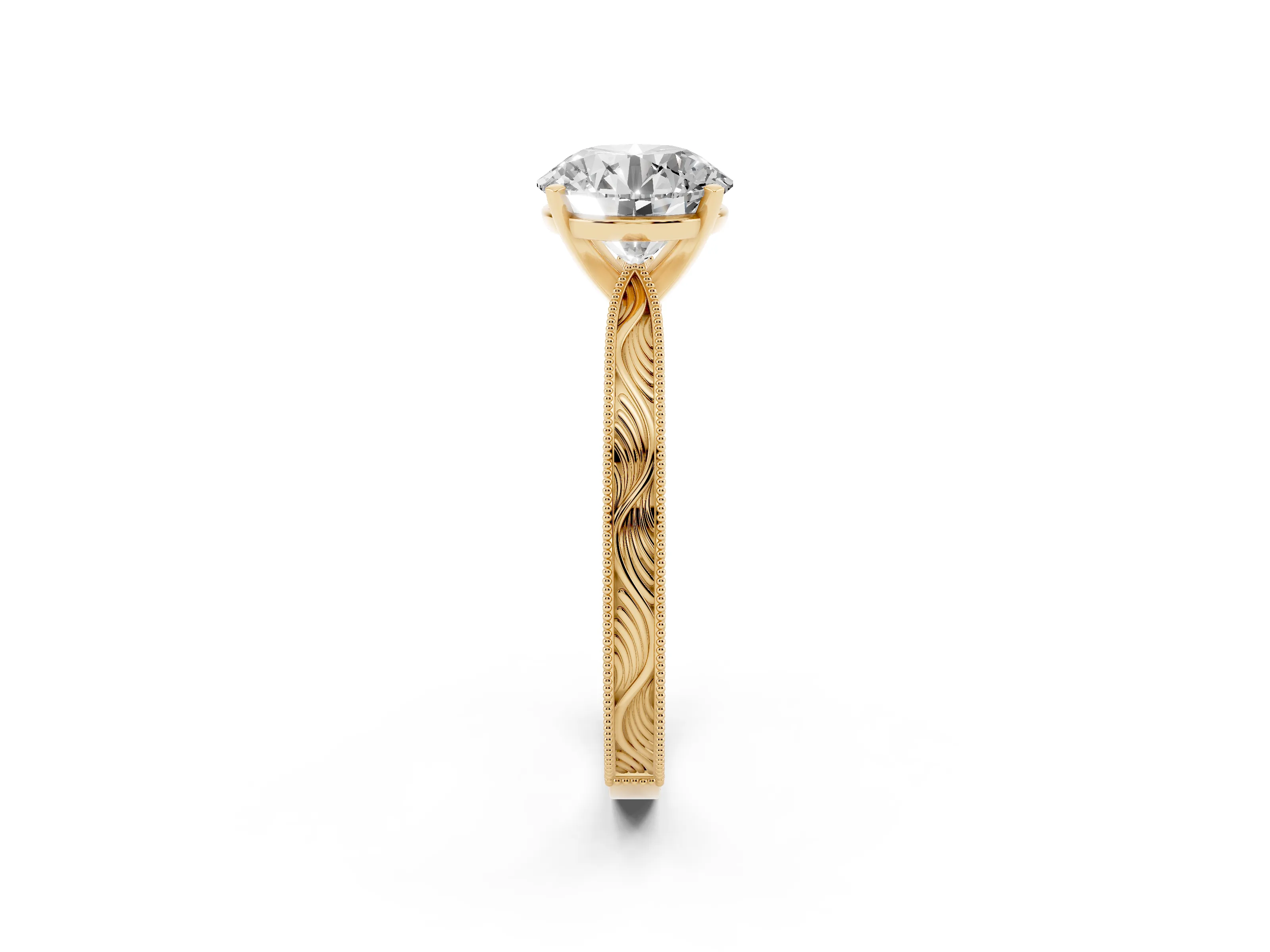Round Cut Diamond Solitaire Milgrain Engraved Band Set in Yellow gold with Prong Setting