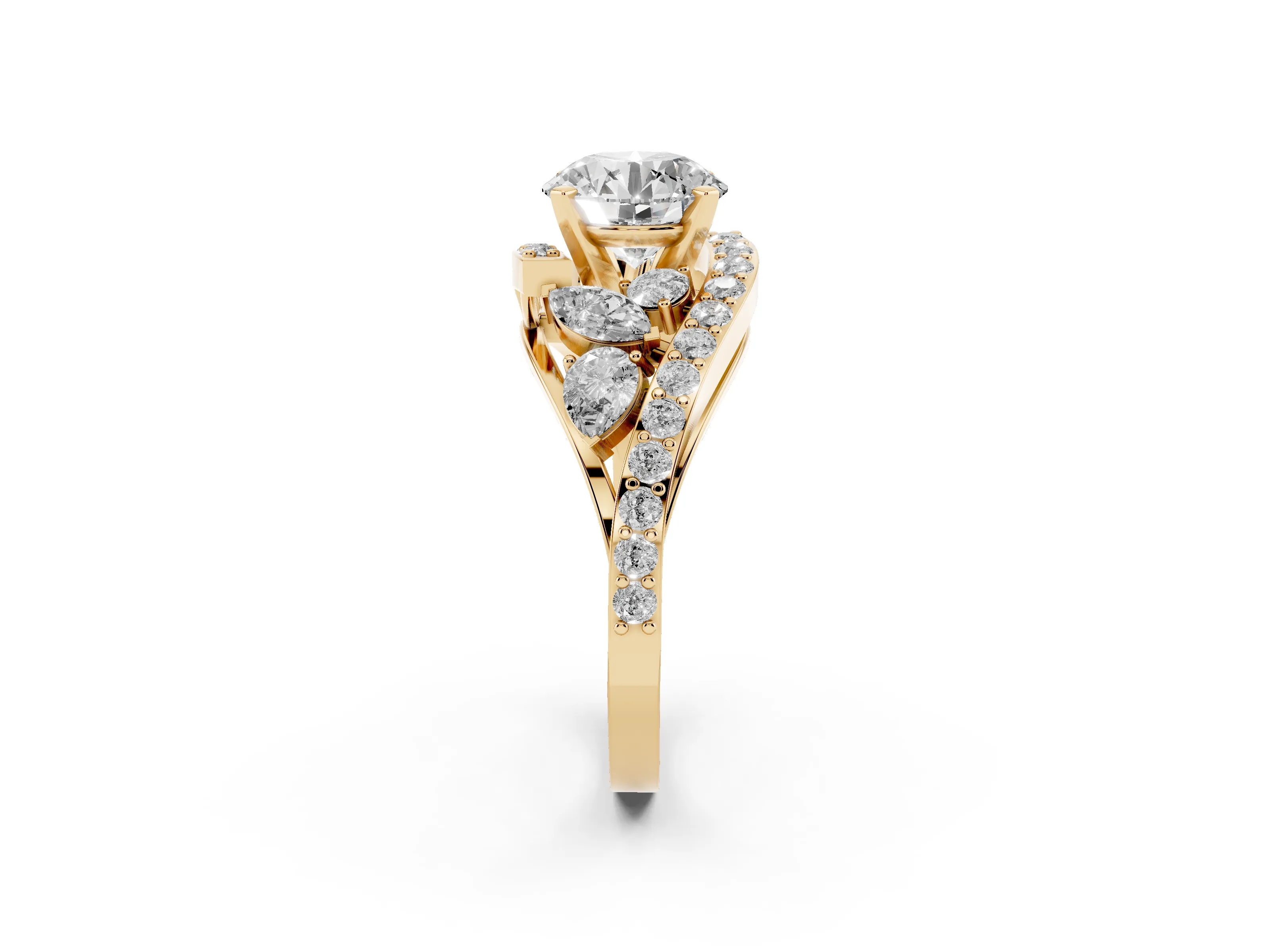 Round Cut Diamond Halo Ring Set in Yellow gold with Marquise and Pavé Band in Prong Setting