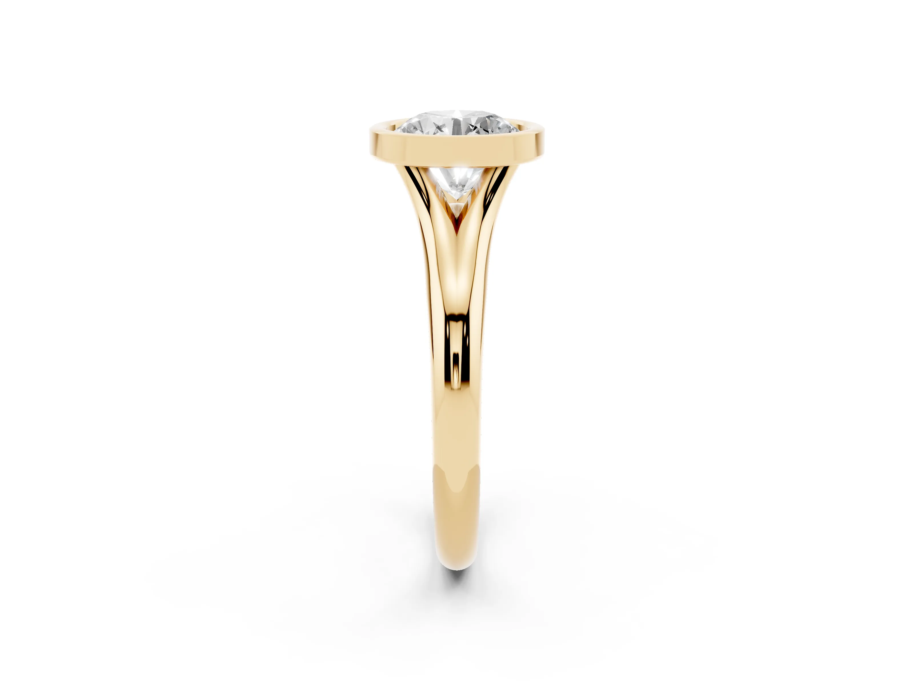Bezel Set Round Cut Diamond Solitaire Ring Set in Yellow gold with Smooth Band