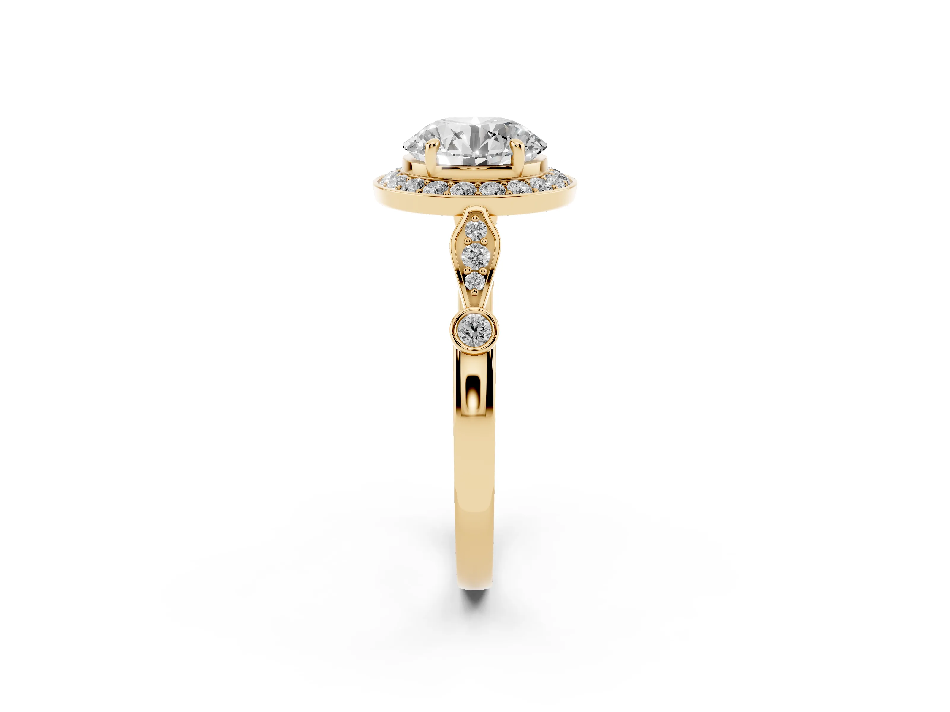 Round Cut Diamond Halo Engagement Ring Set in Yellow gold with Twisted Band and Prong Setting
