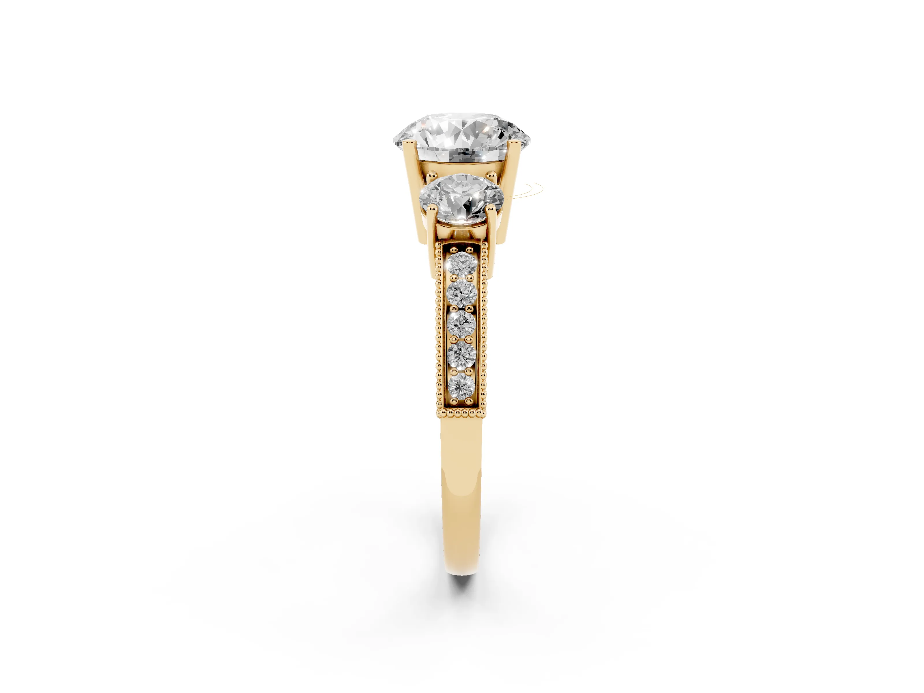 Round Cut Diamond Three-Stone Ring Set in Yellow gold with Round Side Stones and Pavé Band