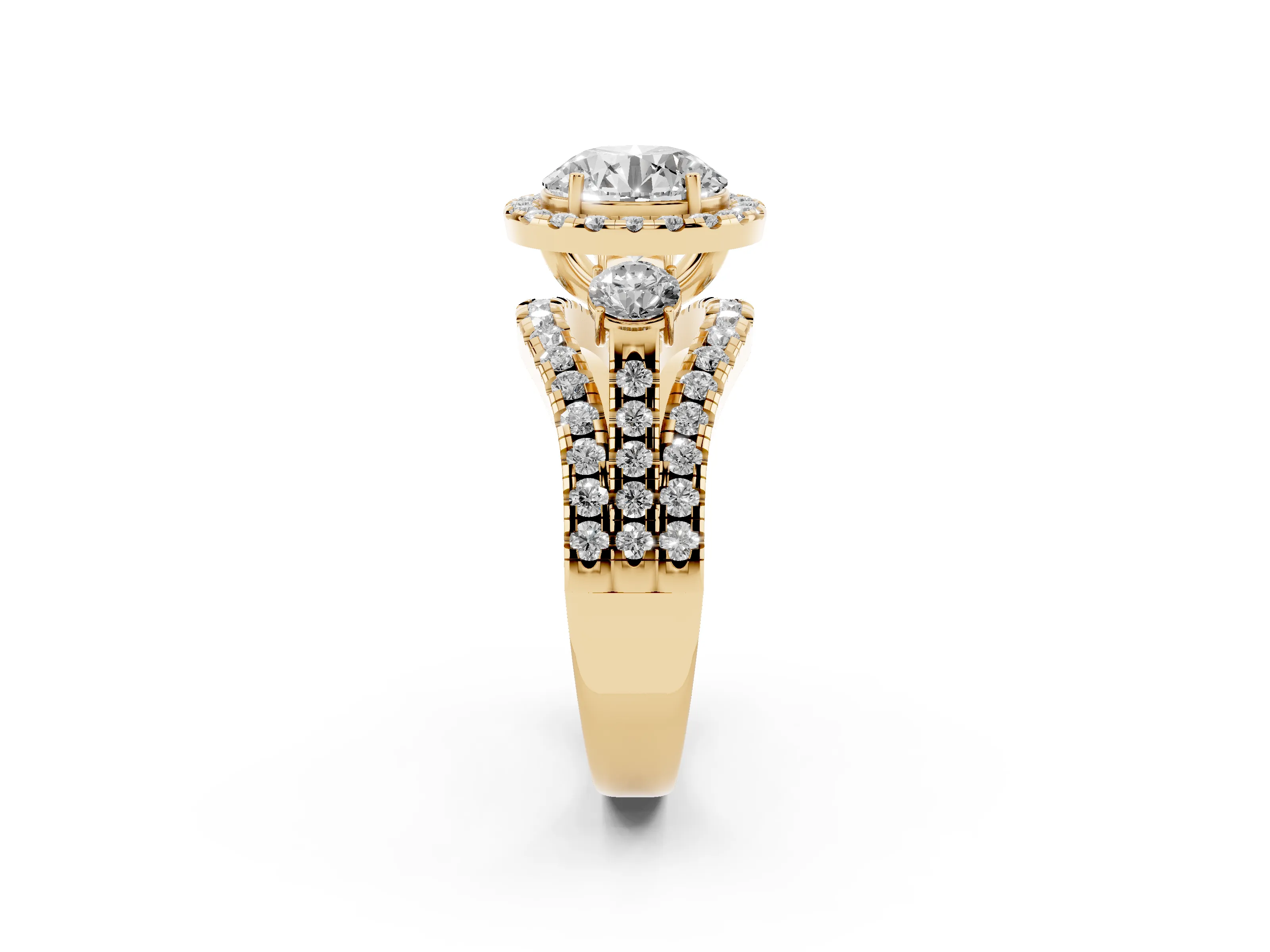 Round Cut Diamond Halo Split Shank Ring Set in Yellow gold with Round Accent Stones and Prong Setting