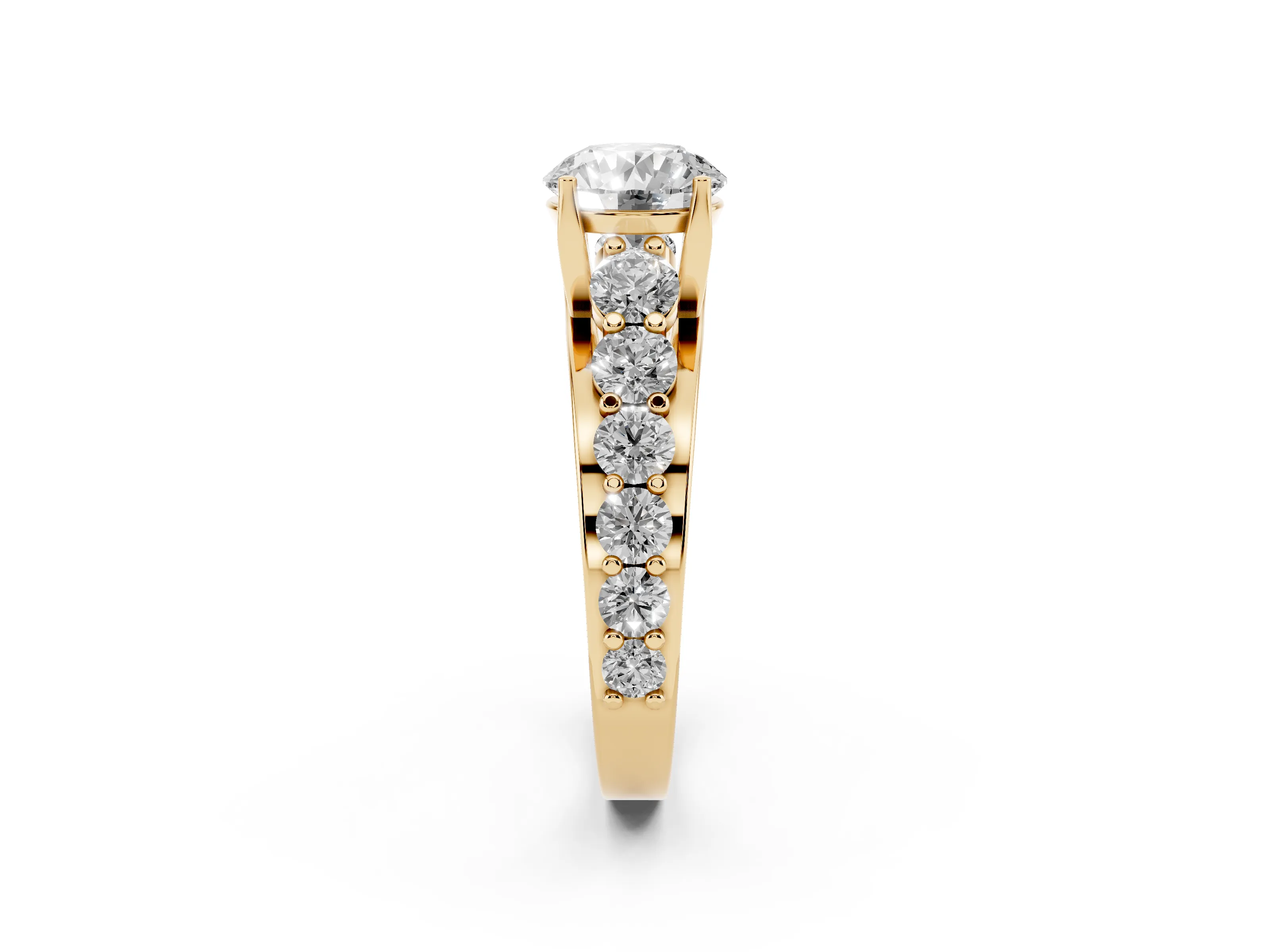 Round Cut Diamond Pavé Engagement Ring Set in Yellow gold with Prong Setting
