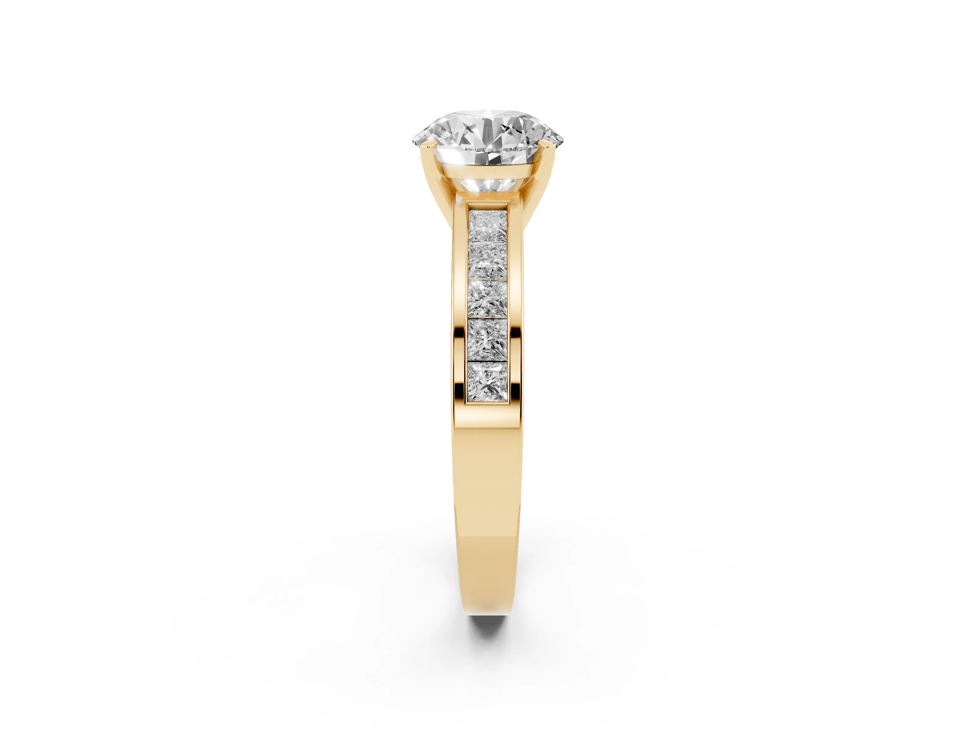 Round Cut Diamond Solitaire Ring Set in Yellow gold with Channel-Set Band and Prong Setting