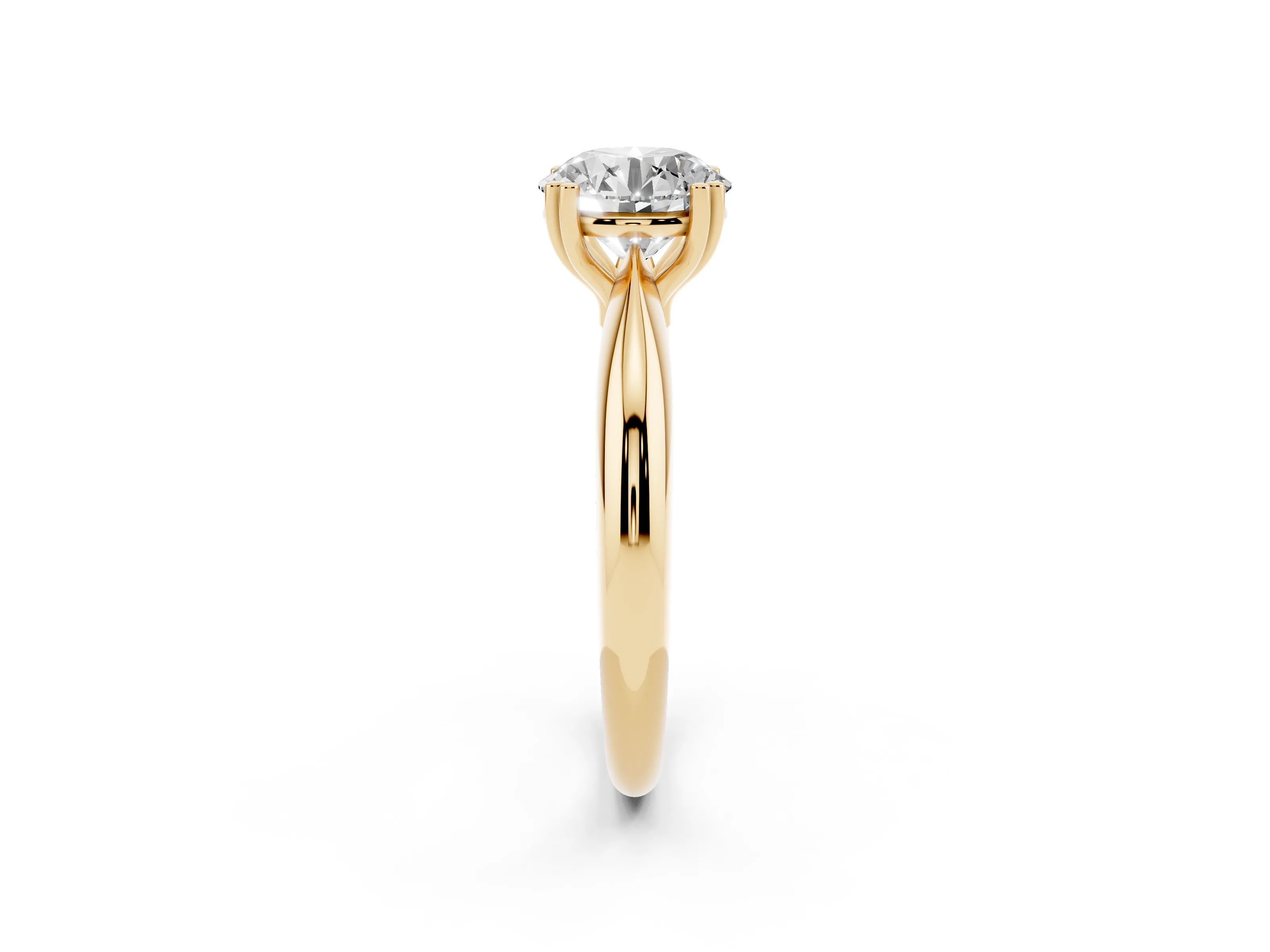 Round Cut Diamond Solitaire Engagement Ring Set in Yellow gold with Tapered Band and Prong Setting