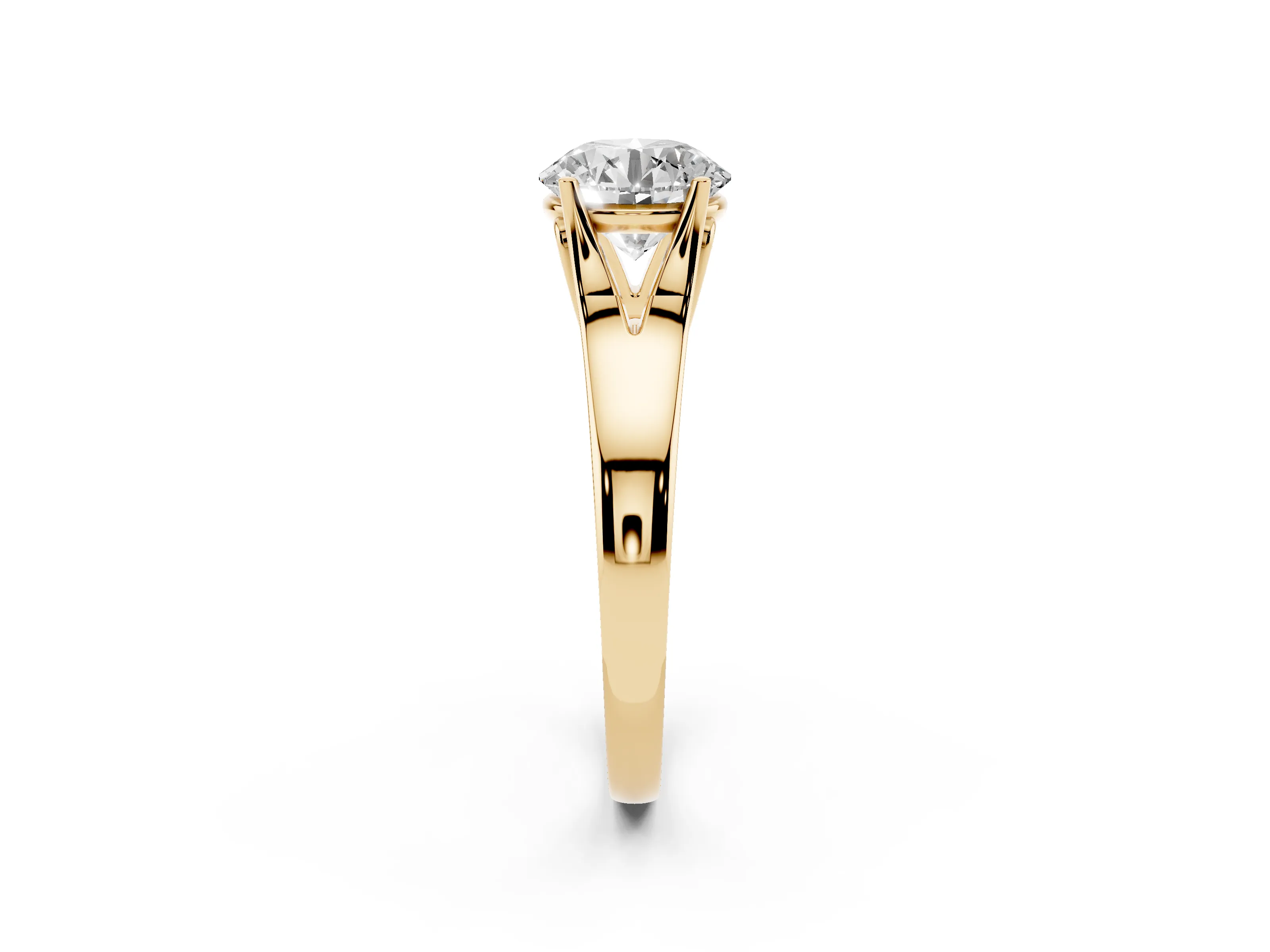Round Cut Diamond Solitaire Ring Set in Yellow gold with Arched Cathedral Band and Prong Setting