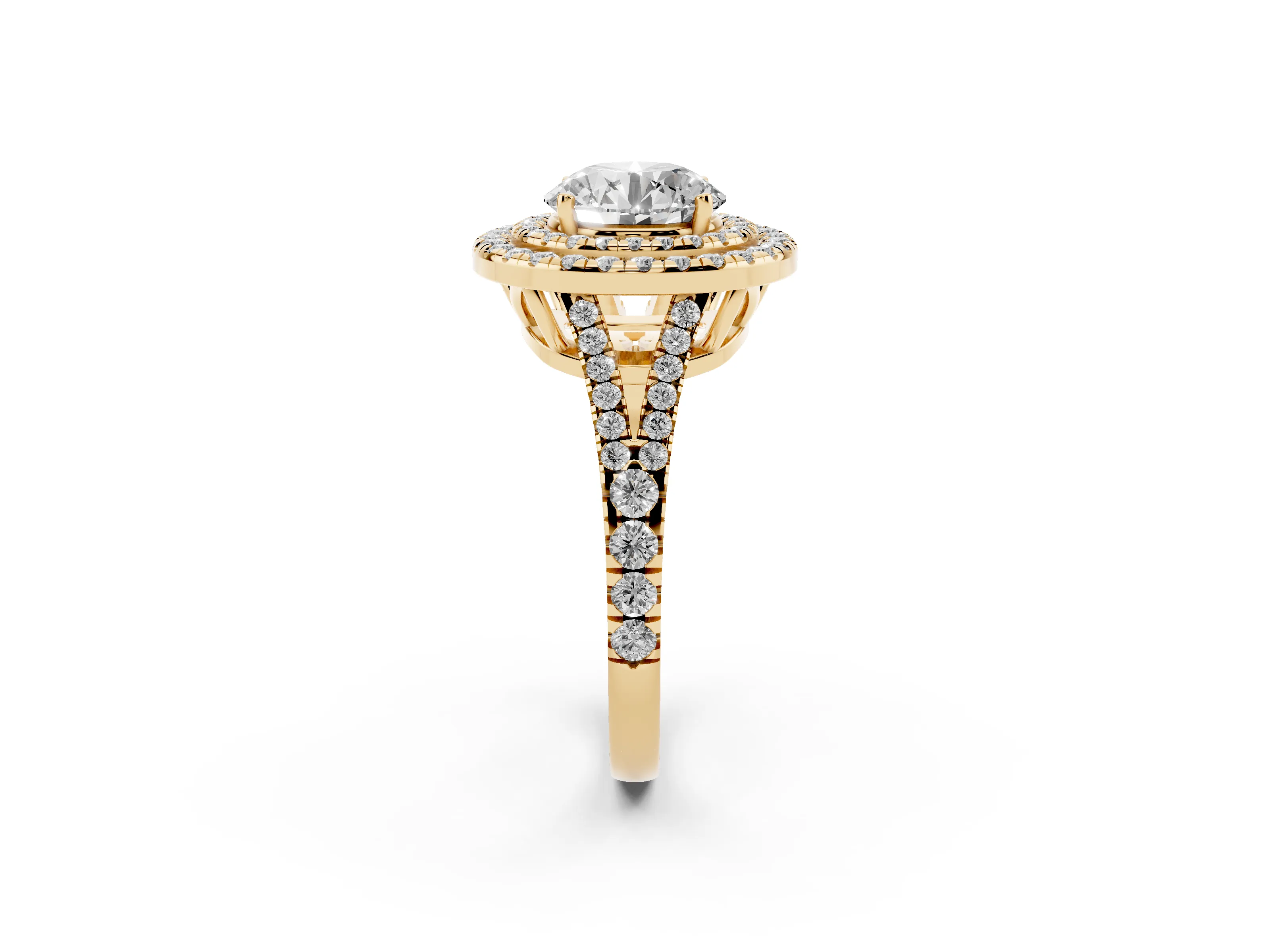 Round Cut Diamond Double Halo Ring Set in Yellow gold with Pavé Band