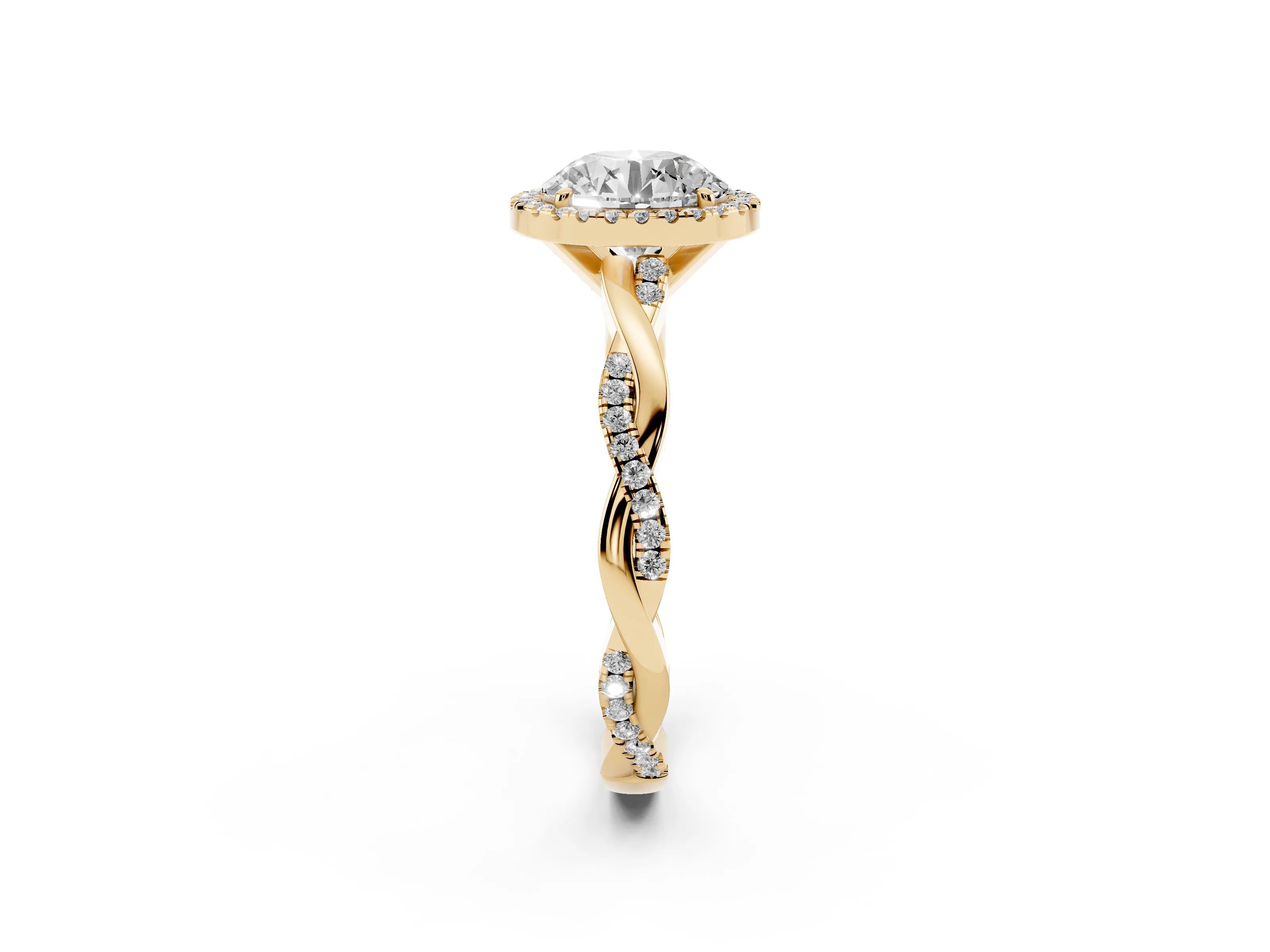 Round Cut Diamond Halo Twisted Band Ring Set in Yellow gold with Prong Setting