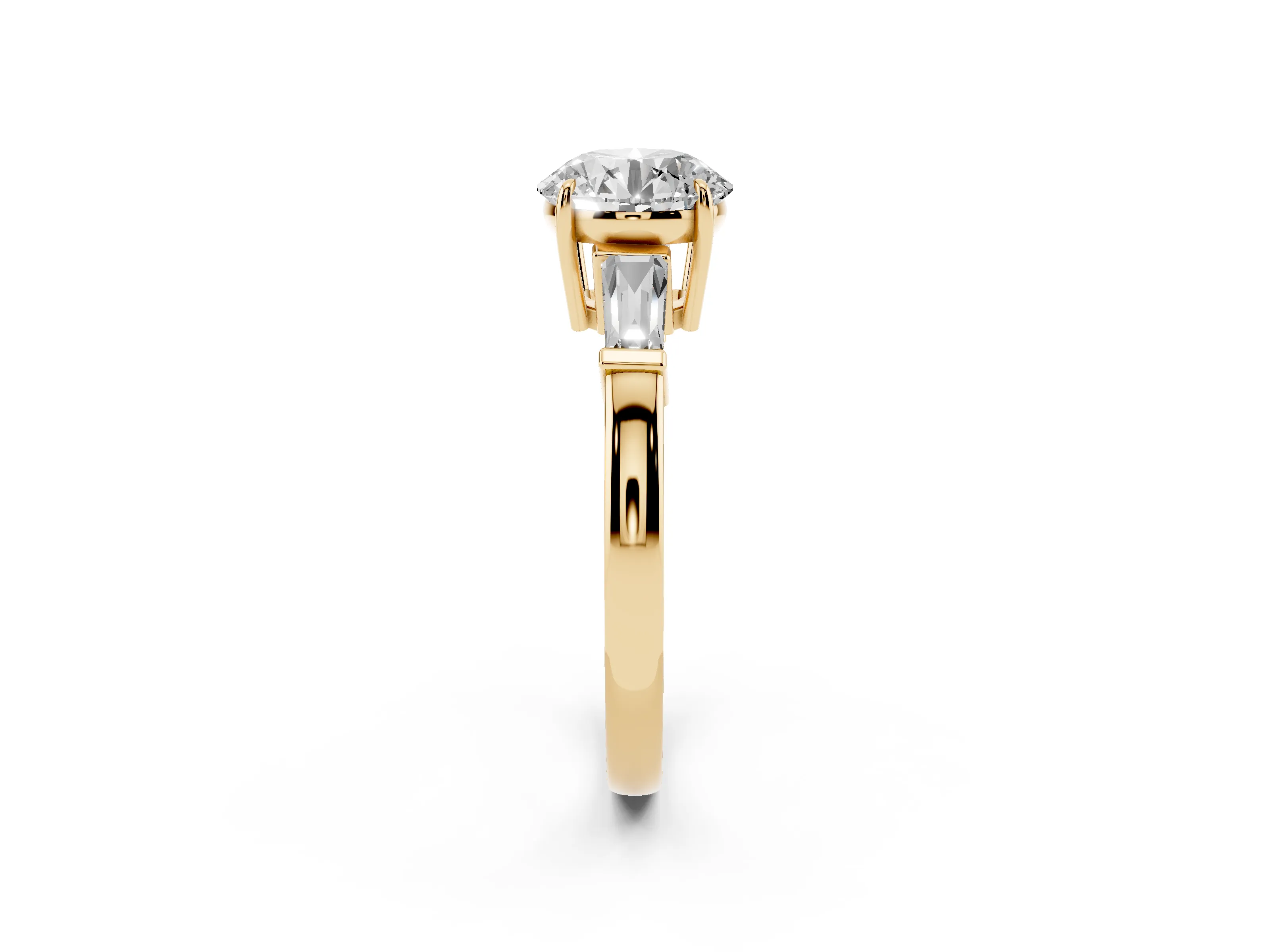 Round Cut Diamond Three-Stone Ring Set in Yellow gold with Tapered Baguette Side Stones and Prong Setting