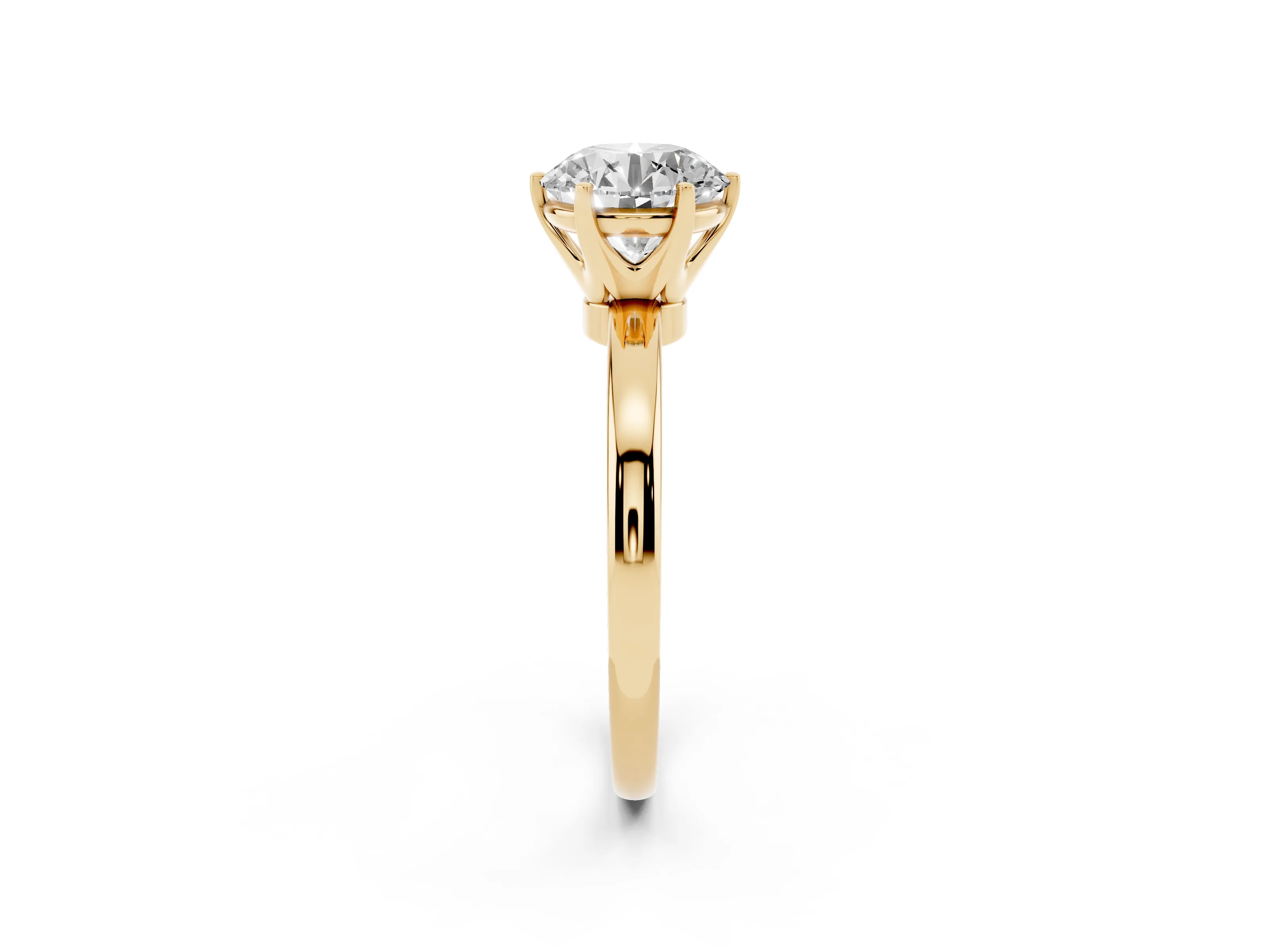 Round Cut Diamond Solitaire Ring Set in Yellow gold with Raised Prong Setting on a Classic Band