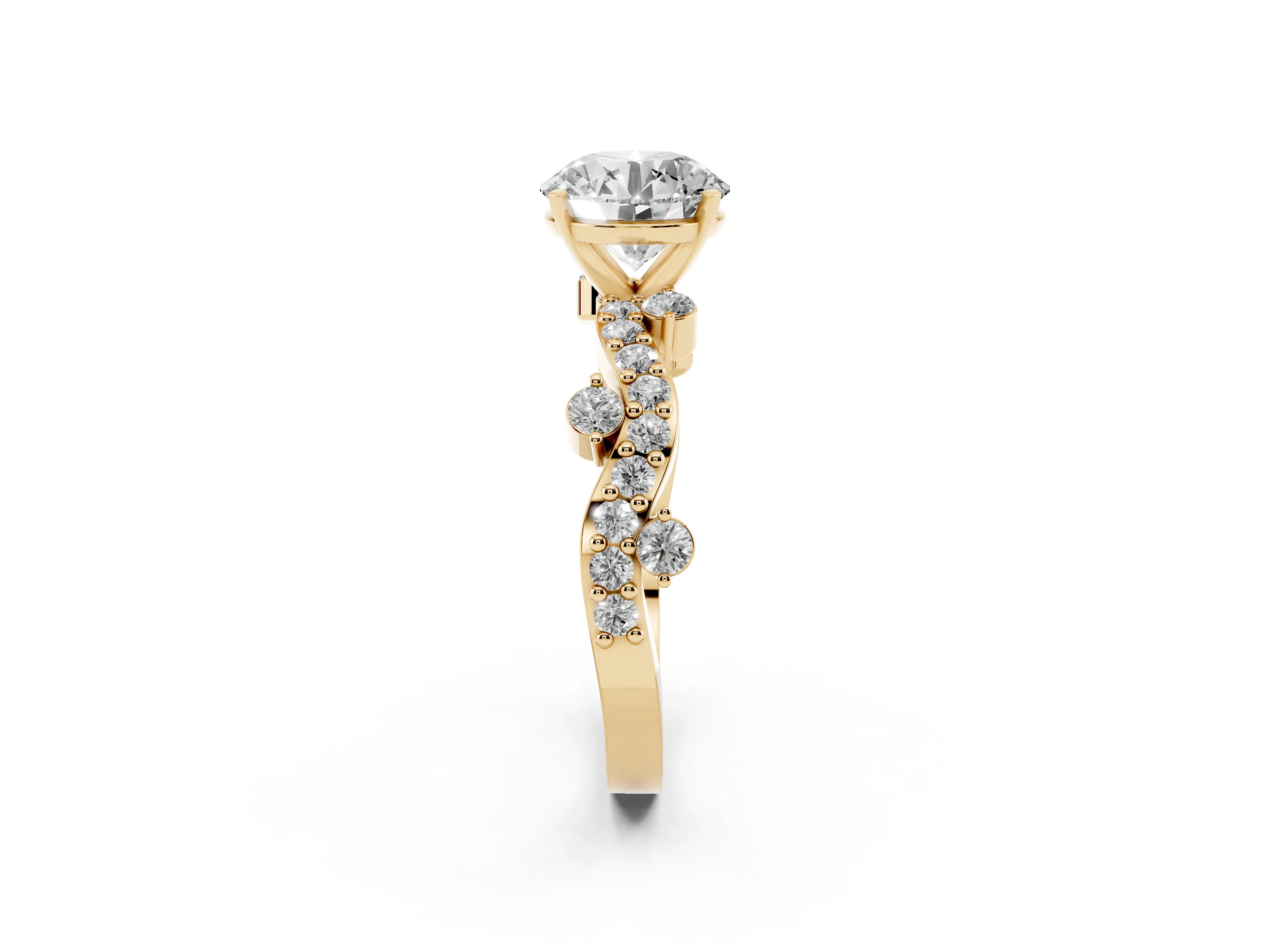 Round Cut Diamond Solitaire Twisted Band Set in Yellow gold with Pavé Setting
